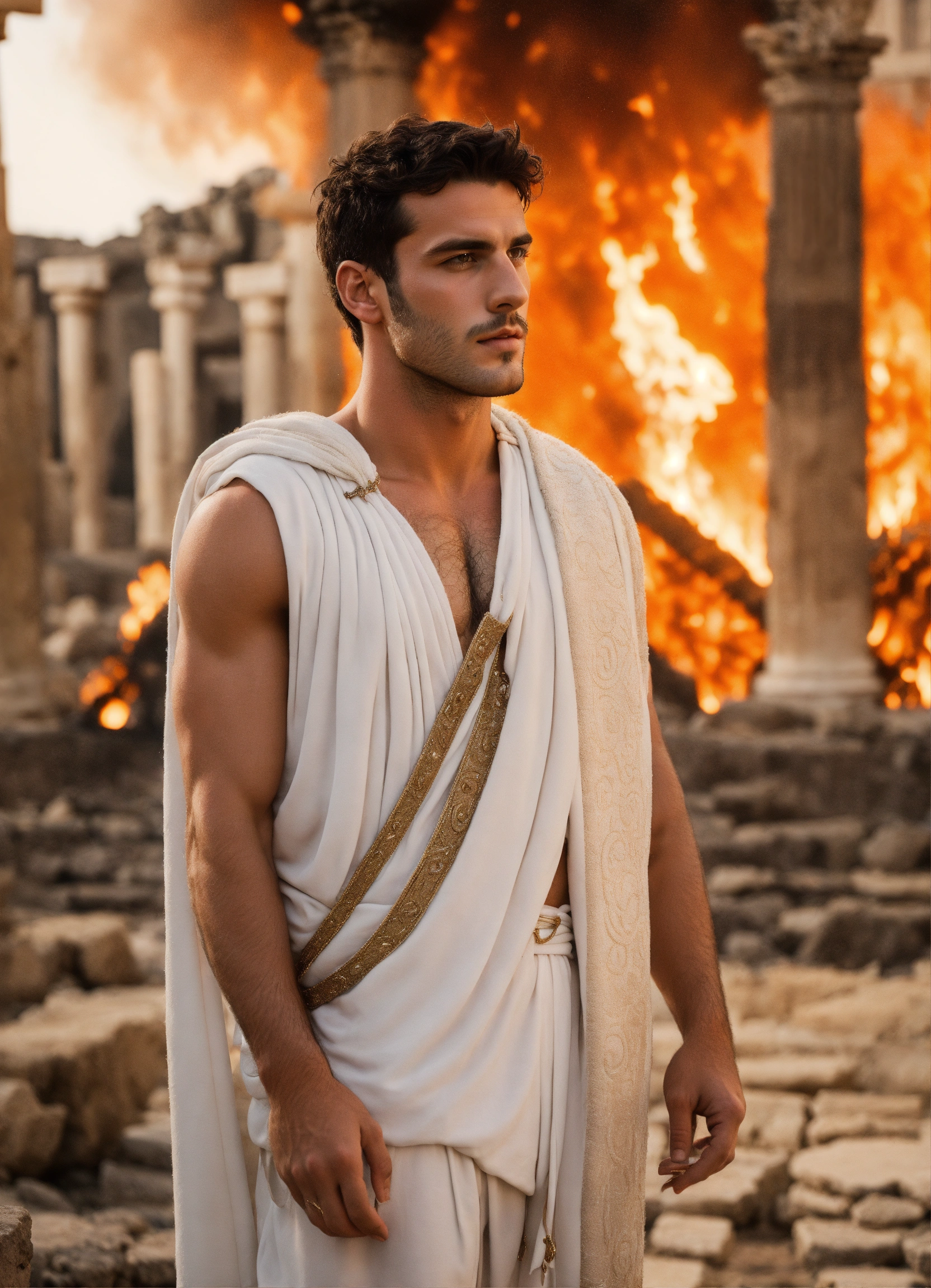 Lexica - Photo essay of handsome Greek male model, hairy chest, as Caligula  , in a Roman ruins city in fire , wearing white short toga , pr...