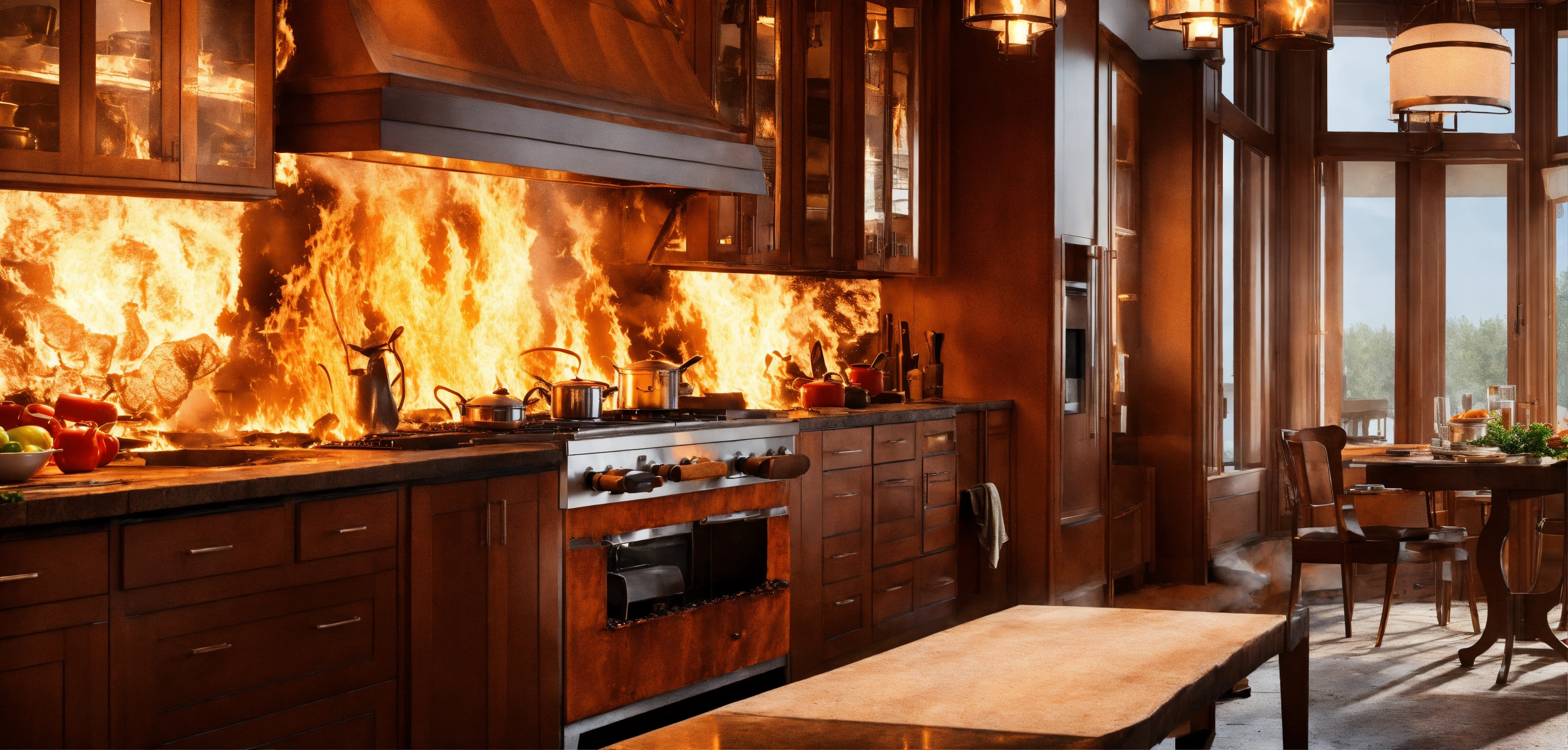 Lexica - Fire in the kitchen, residential fire, high quality photo ...