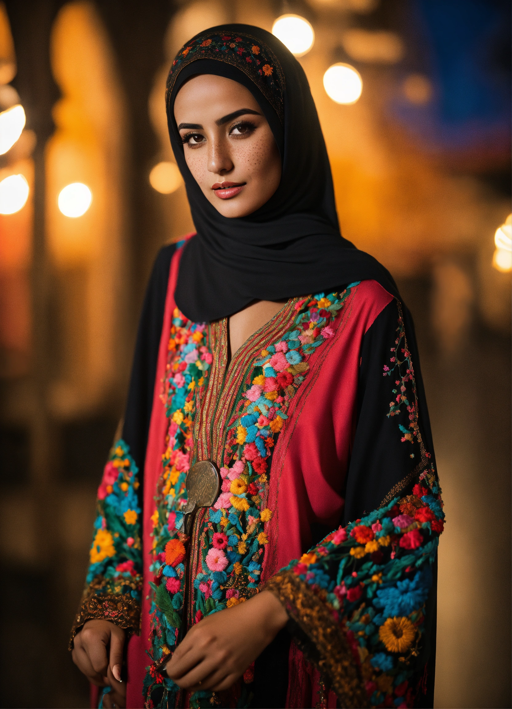 Lexica - Beautiful hijab Palestinian woman with freckles, holding ...