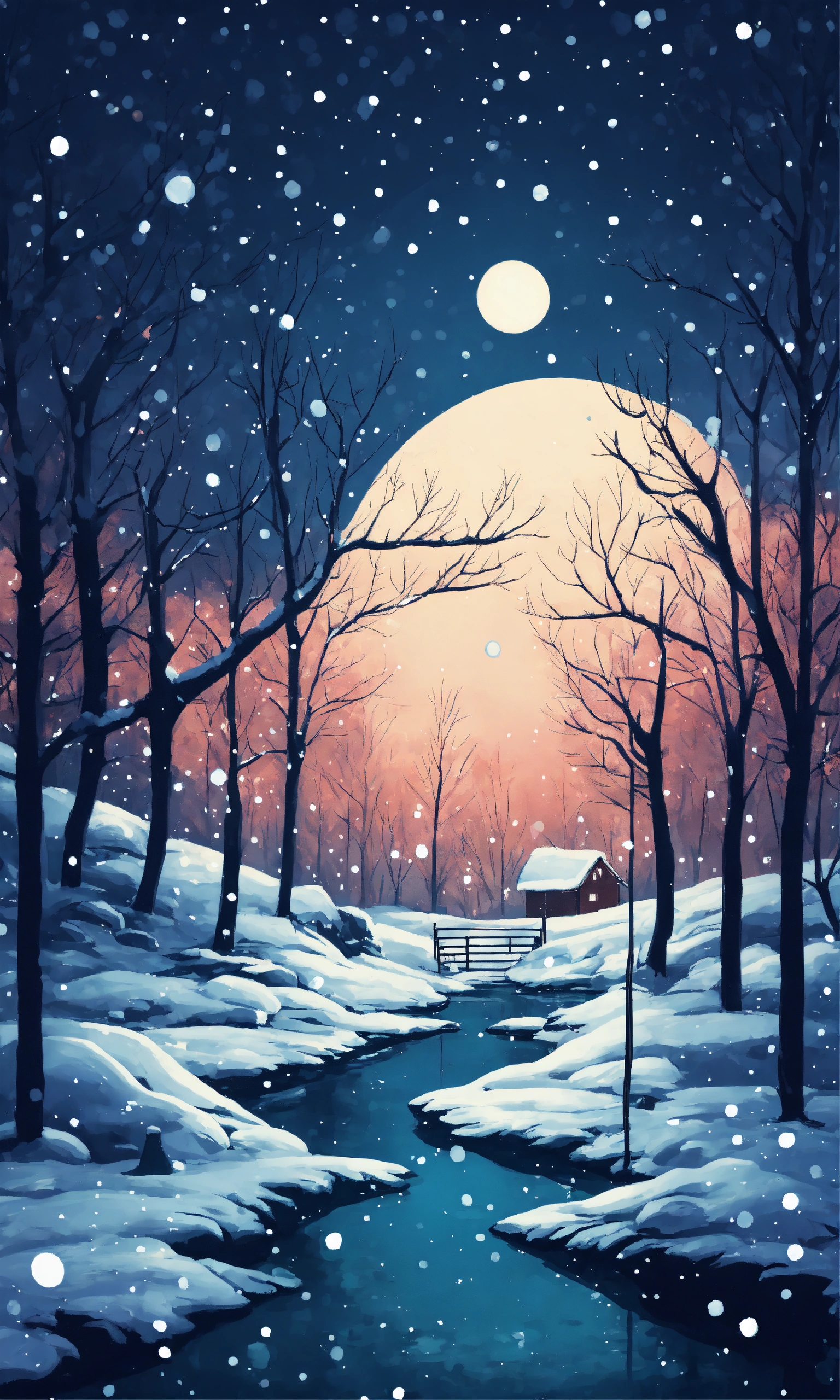 Lexica - Tee shirt design Snowy midnight scene in winter. surreal style