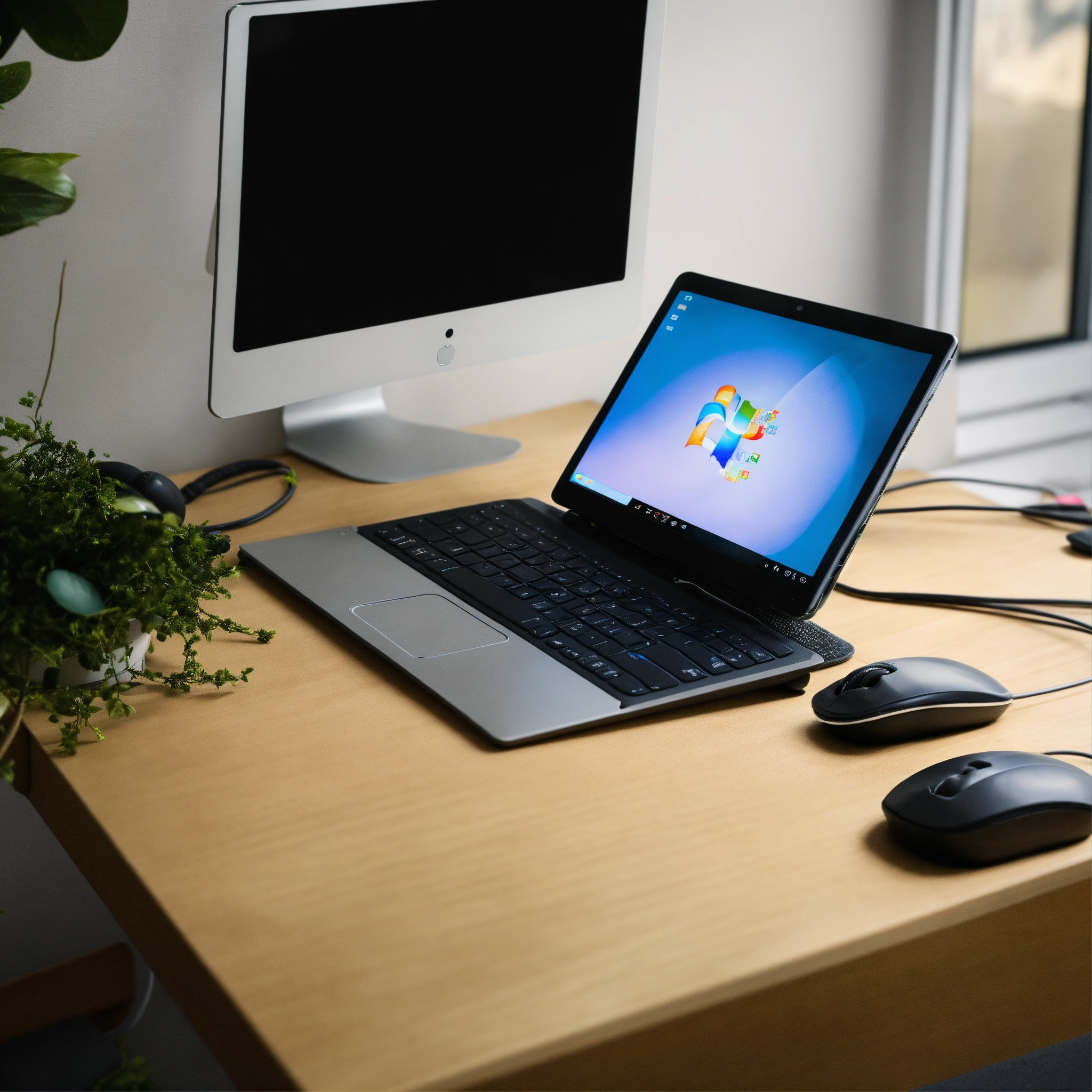 Lexica - A photo of a tablet PC. The tablet is sitting on a desk, next ...