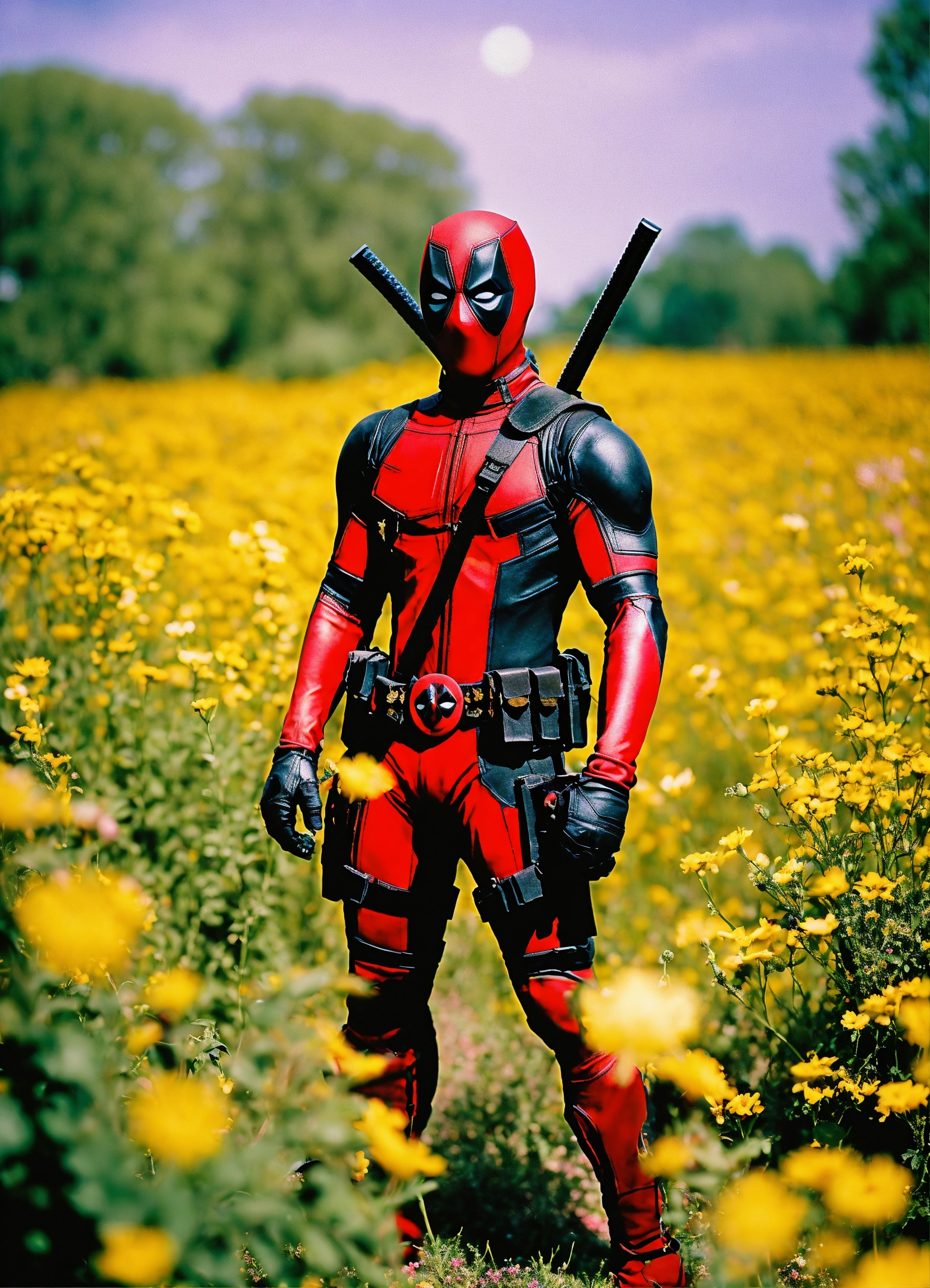 Lexica - Happy Deadpool standing in a beautiful field of flowers ...
