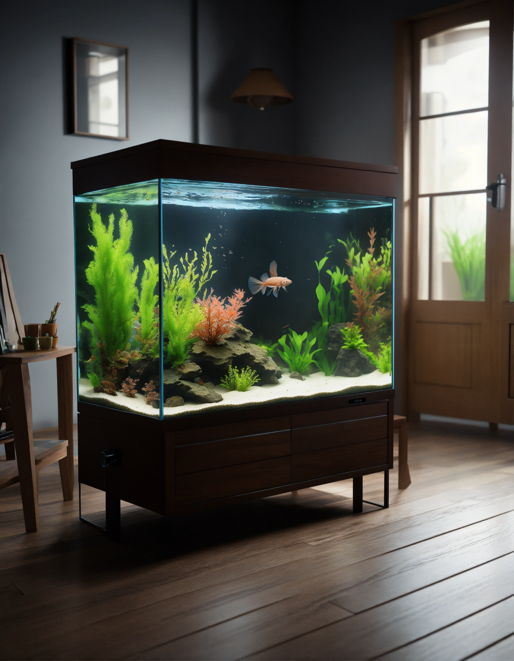 Lexica - Fish tank with axolotls in a living room with dark wood floors ...