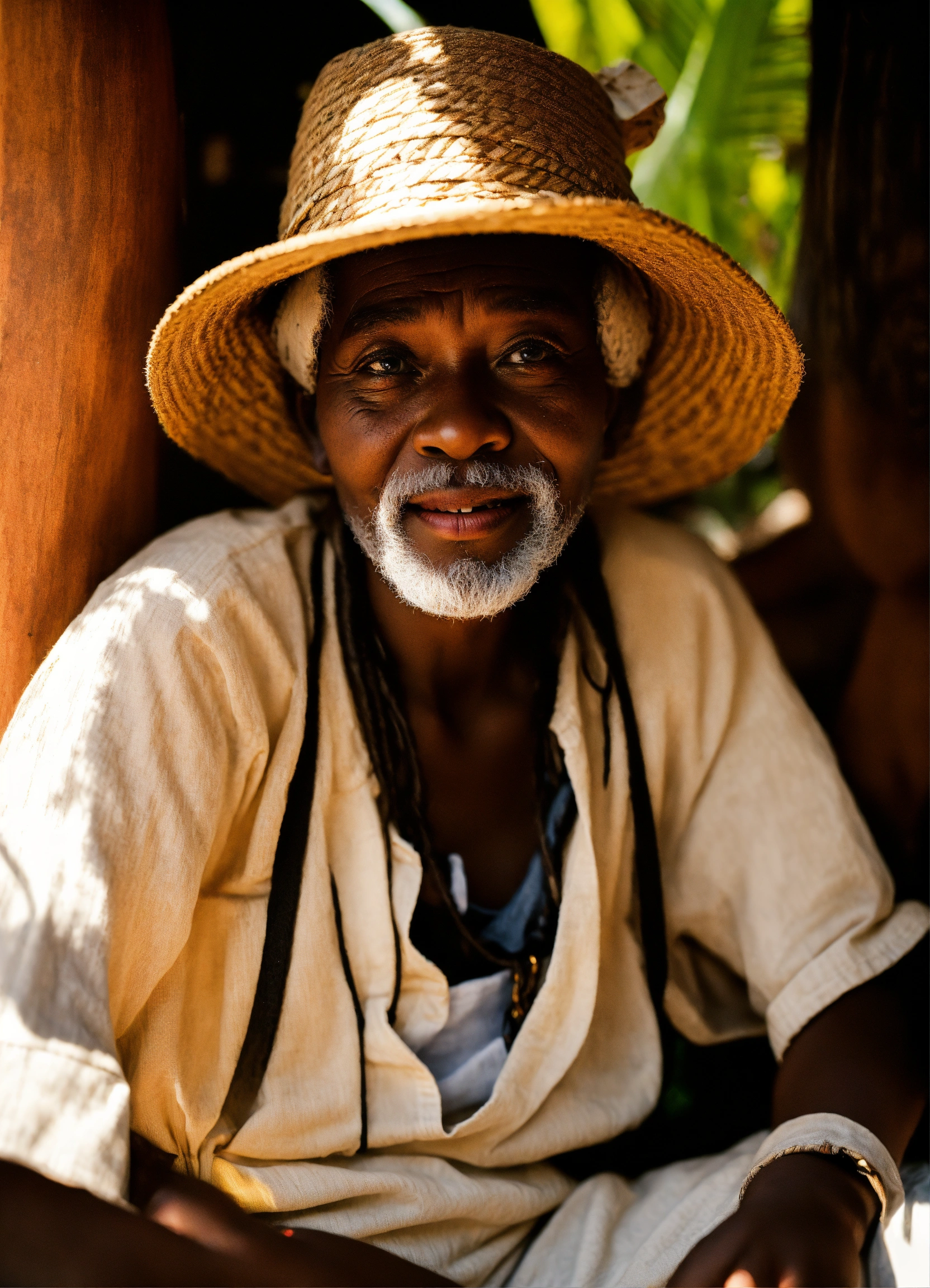 Lexica - A wise old man with white beard and bakoua hat in a tropical ...