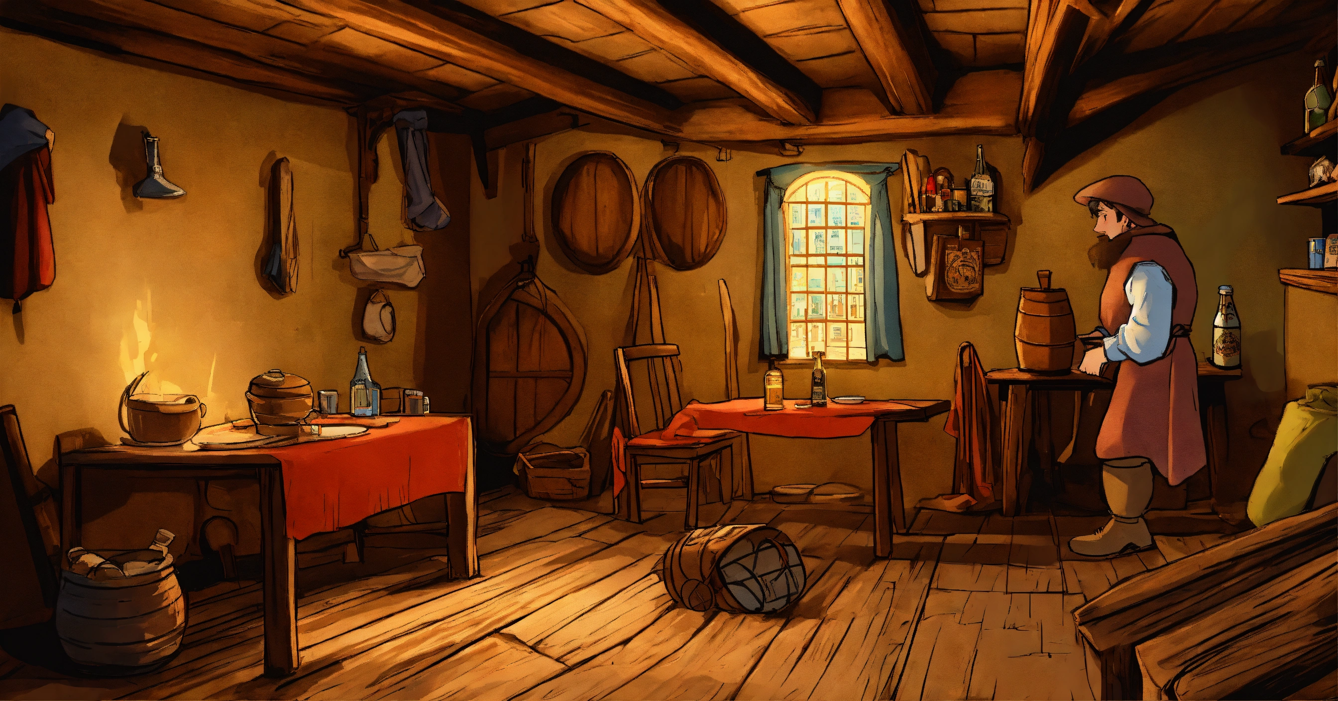 Lexica Interior of a medieval house of a tanner with clothes of the
