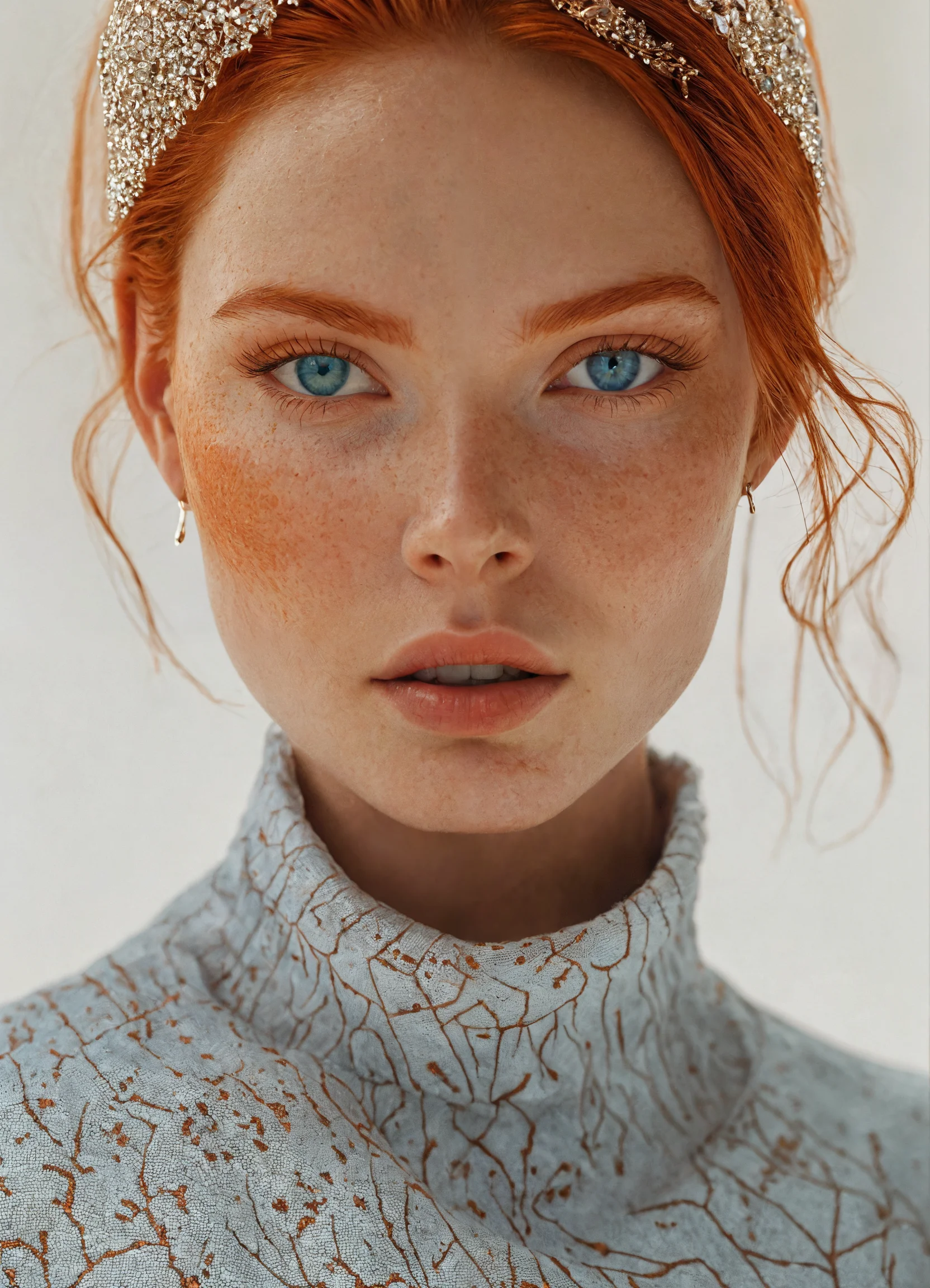 Lexica - A beautiful model with red hair and blue eyes, wearing ...