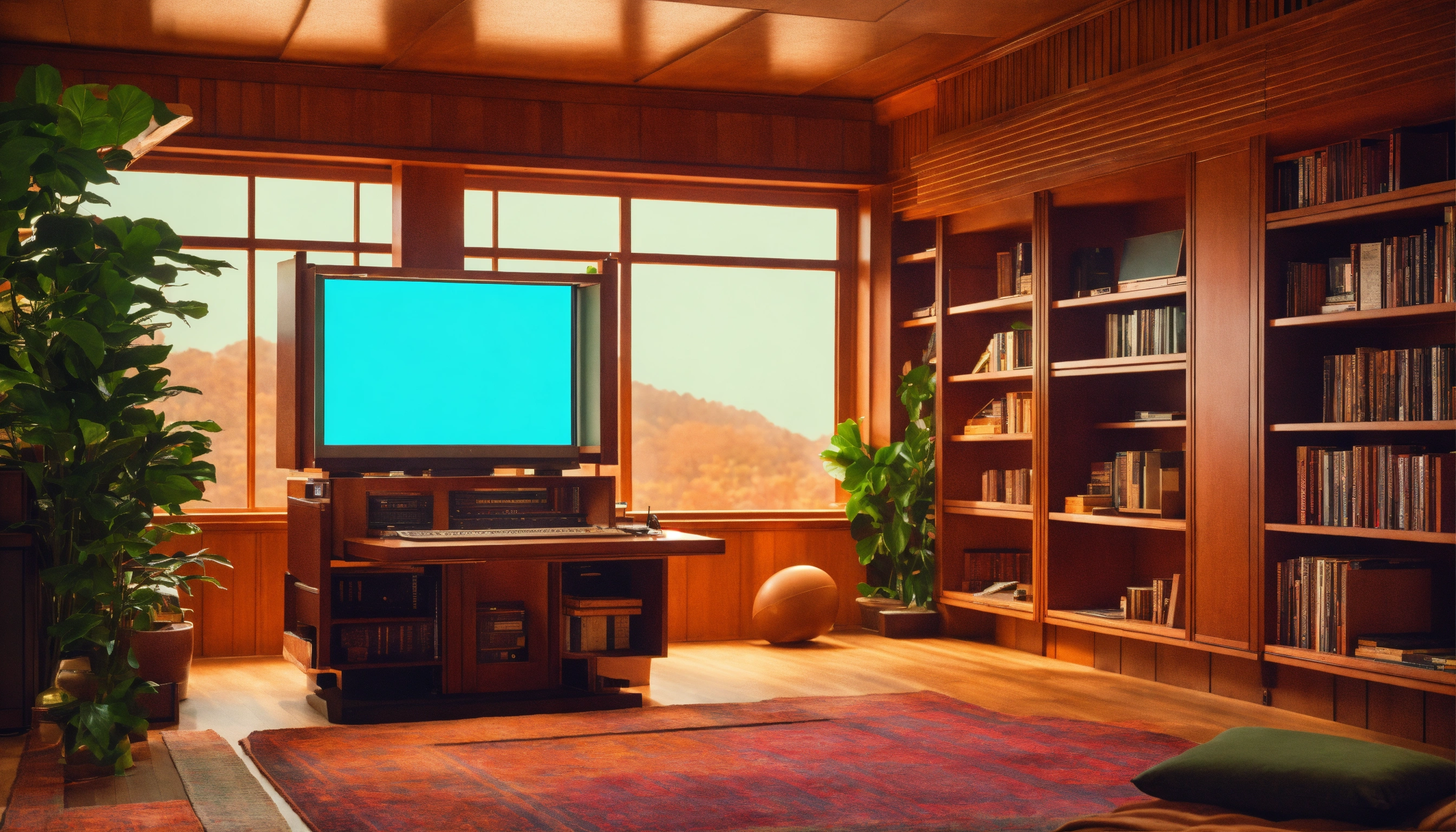 Lexica - 80's style computer in a frank lloyd wright style home library ...