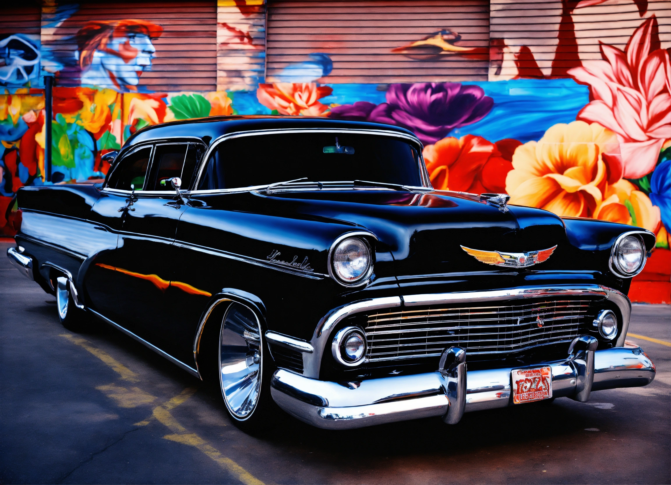 Lexica - Realistic photo of a black lowrider with a paint job of ...