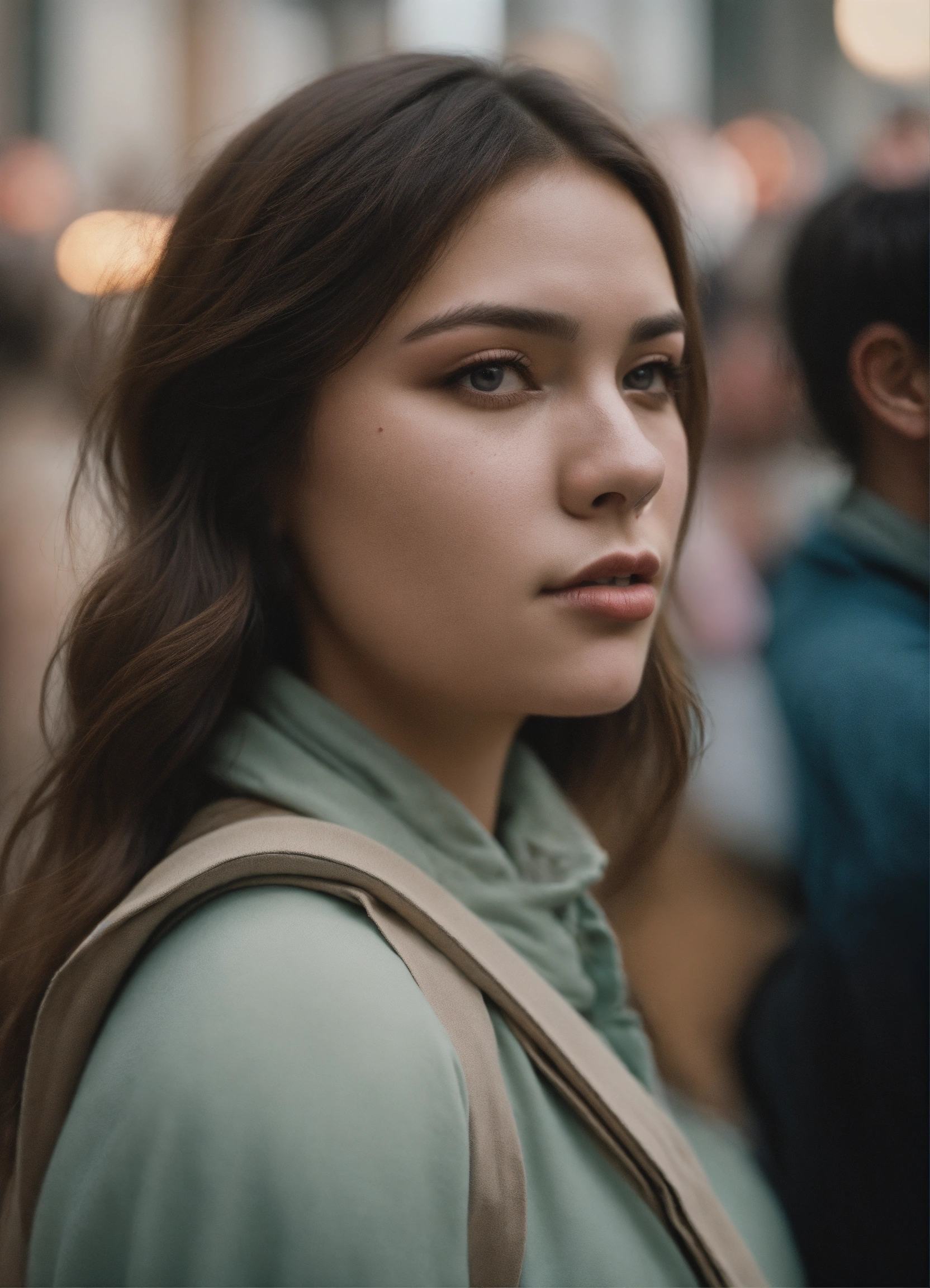 Lexica Muted portrait photography from the waist up titled "Lost in the Crowd", muted palette