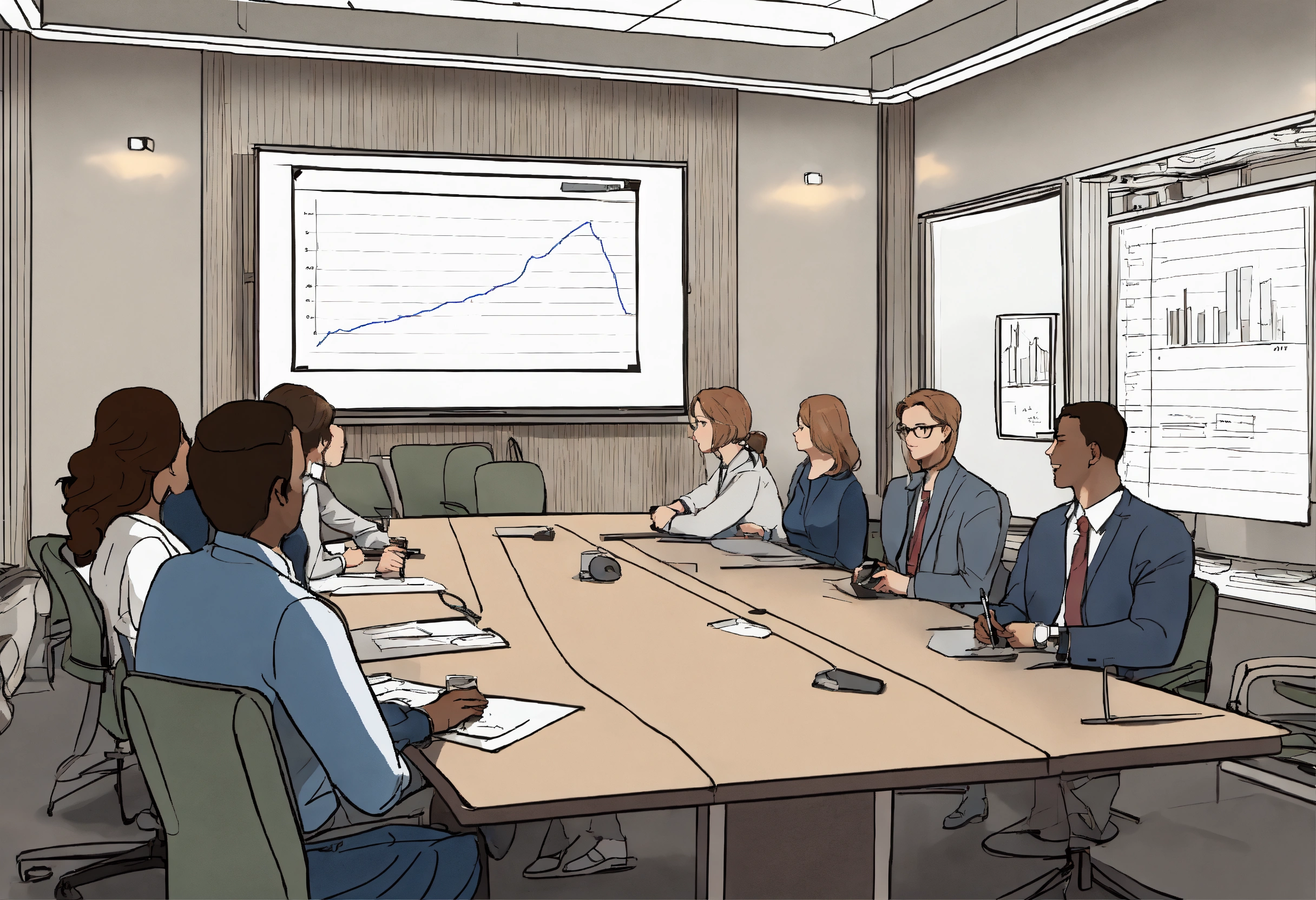 Lexica - Detailed line drawing of a conference room with four people ...