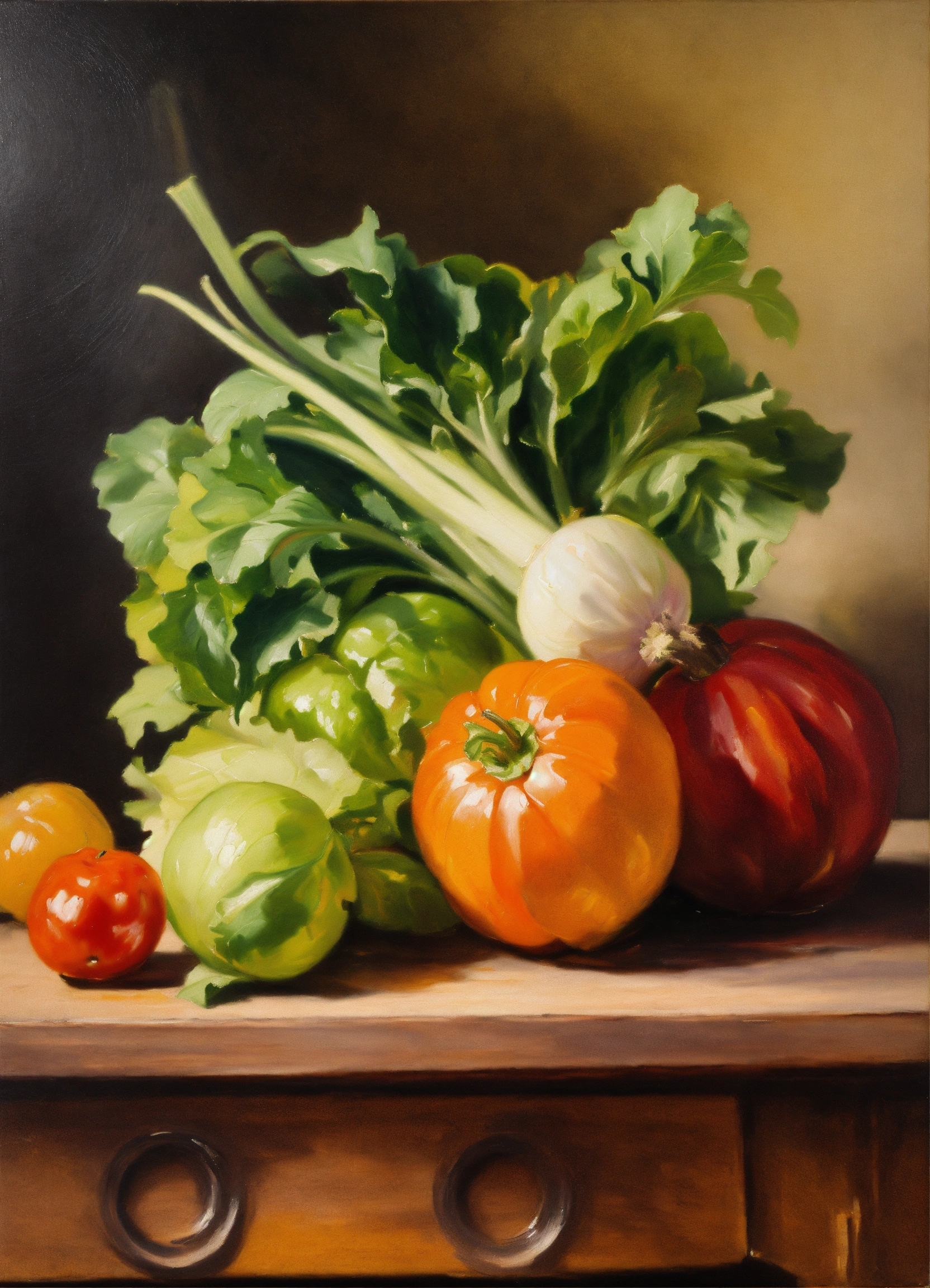 Lexica - Still life oil painting of vegetables on a plate on a wooden ...