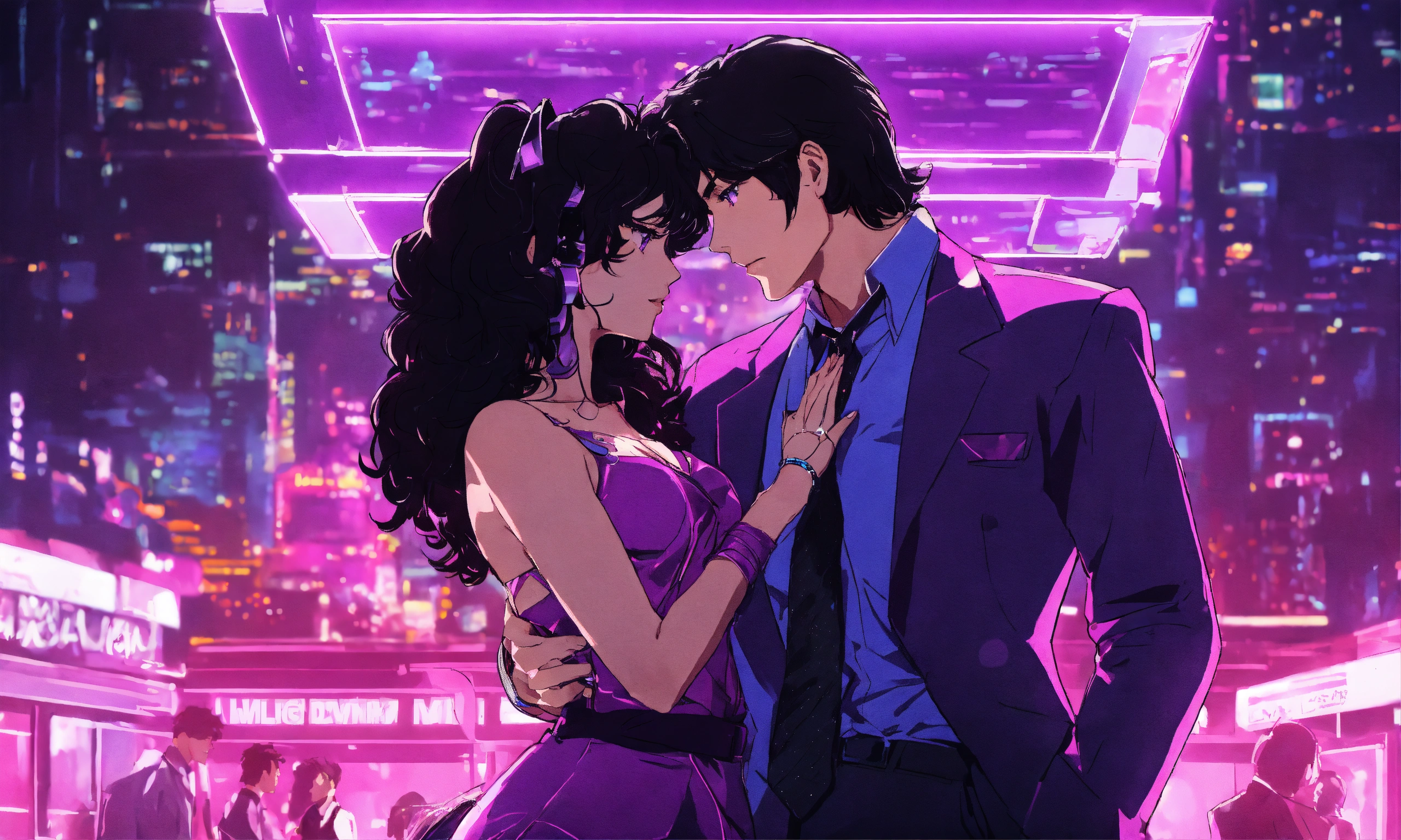 Lexica - 80s anime style, dark-haired man in a purple suit, kissing chrome  robot, night club, neon