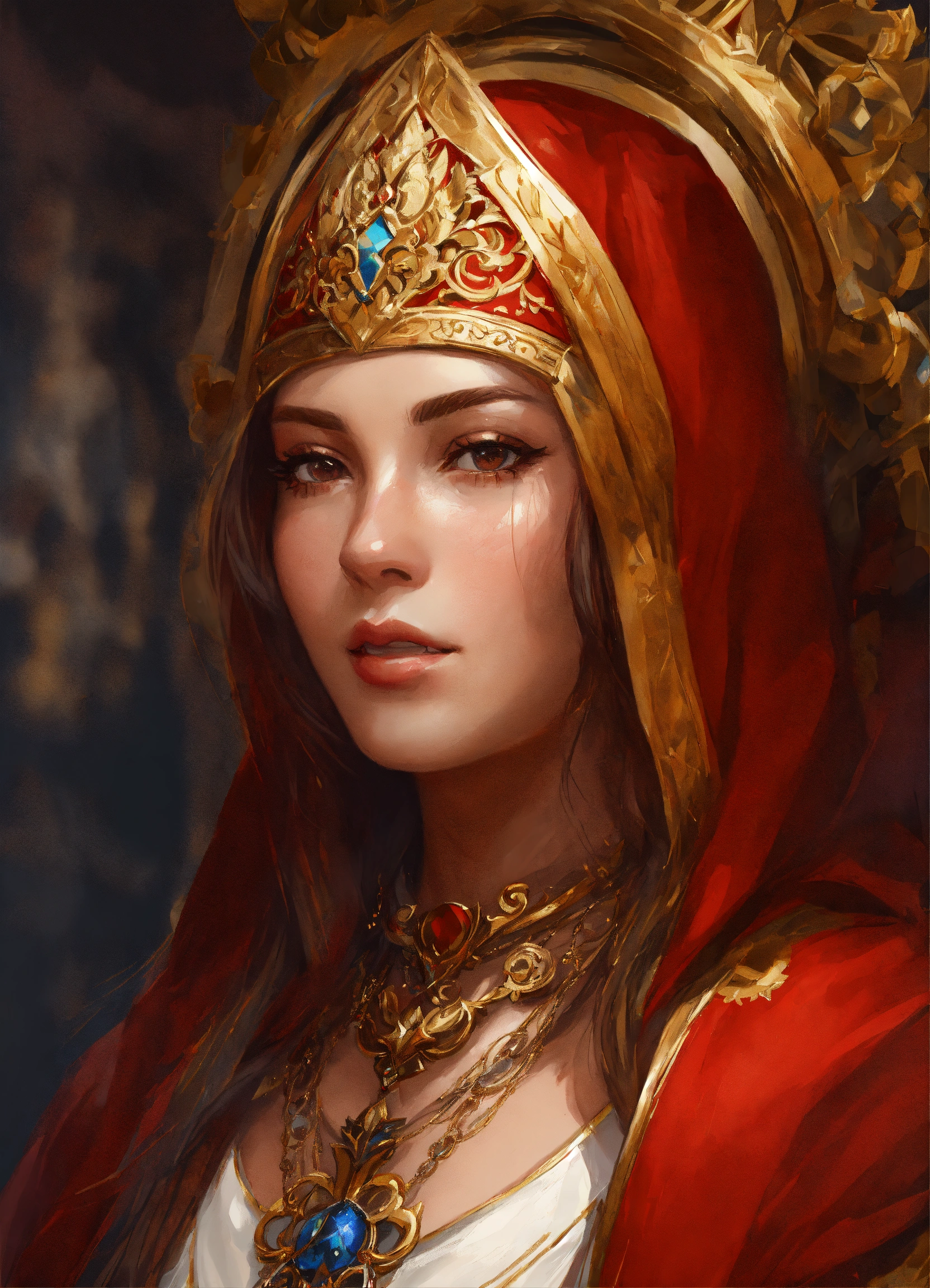 Lexica - Praios female cleric, red and white clothes, gold details ...