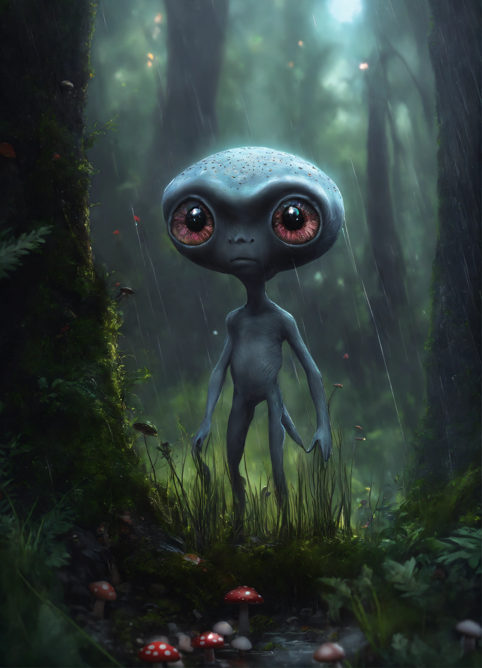 Lexica - A grey alien , big eyes blacks , like a globin, mushrooms ...