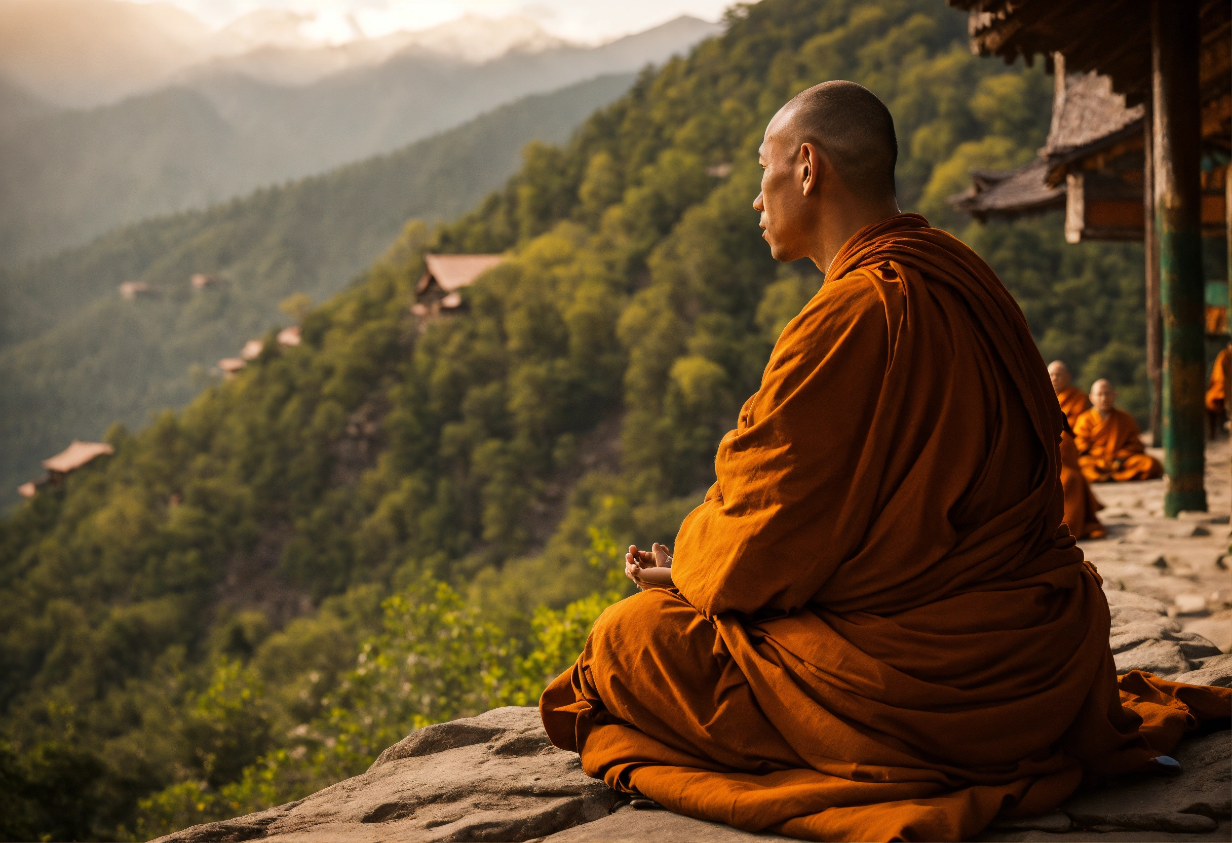 Lexica - Wise monk sitting with his both hands raised and other monks ...