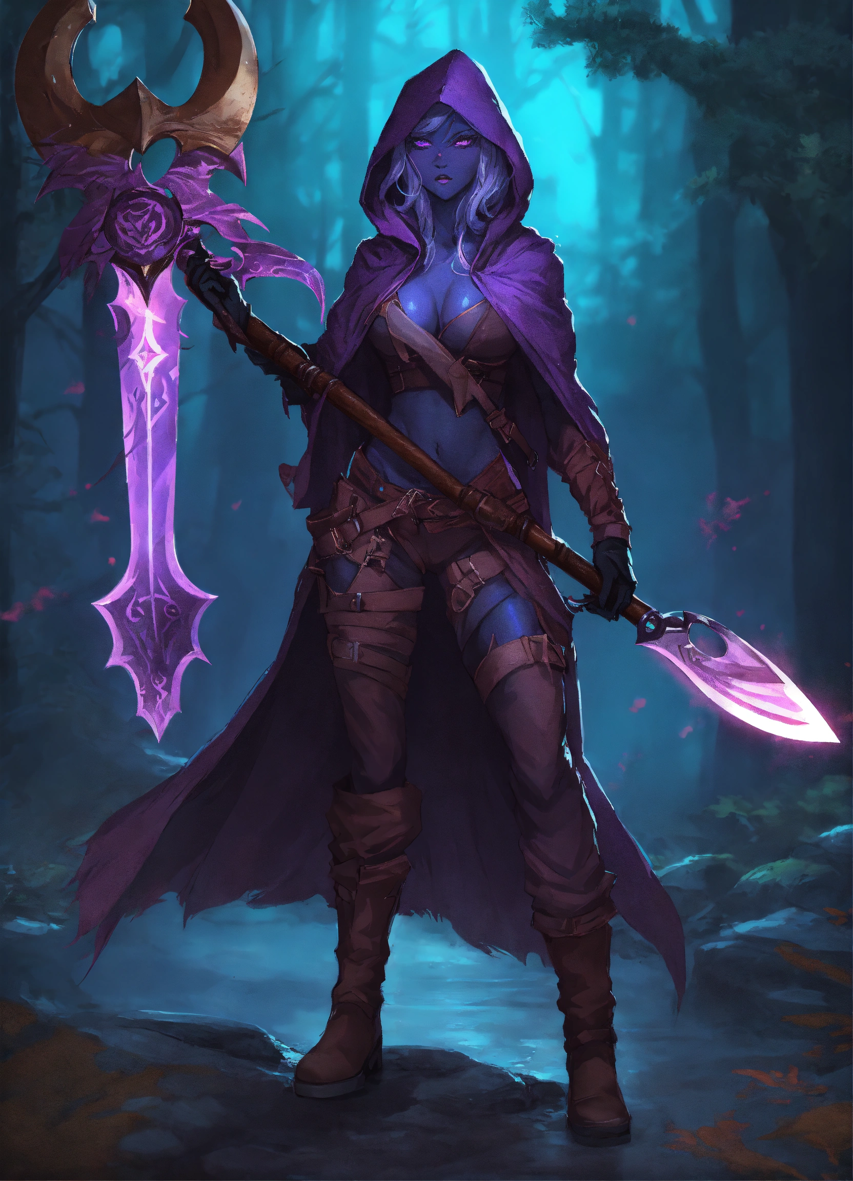 Lexica - Fullbody female drow with glowing purple skin in a hooded gray ...
