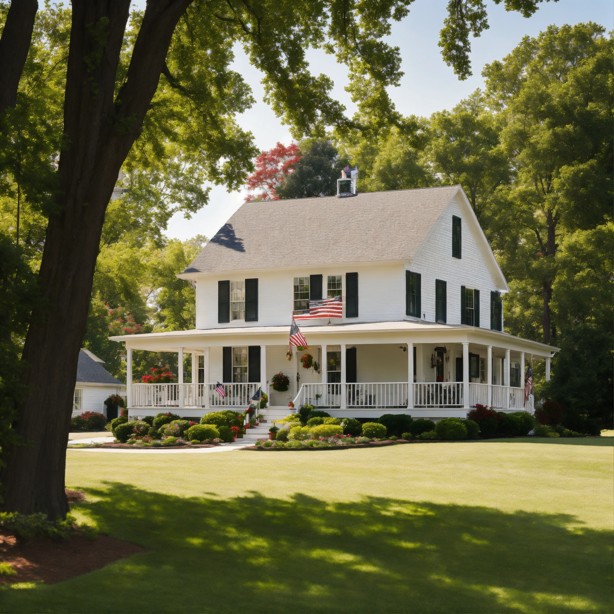 Lexica - A white house with a flag on the front porch, american style ...