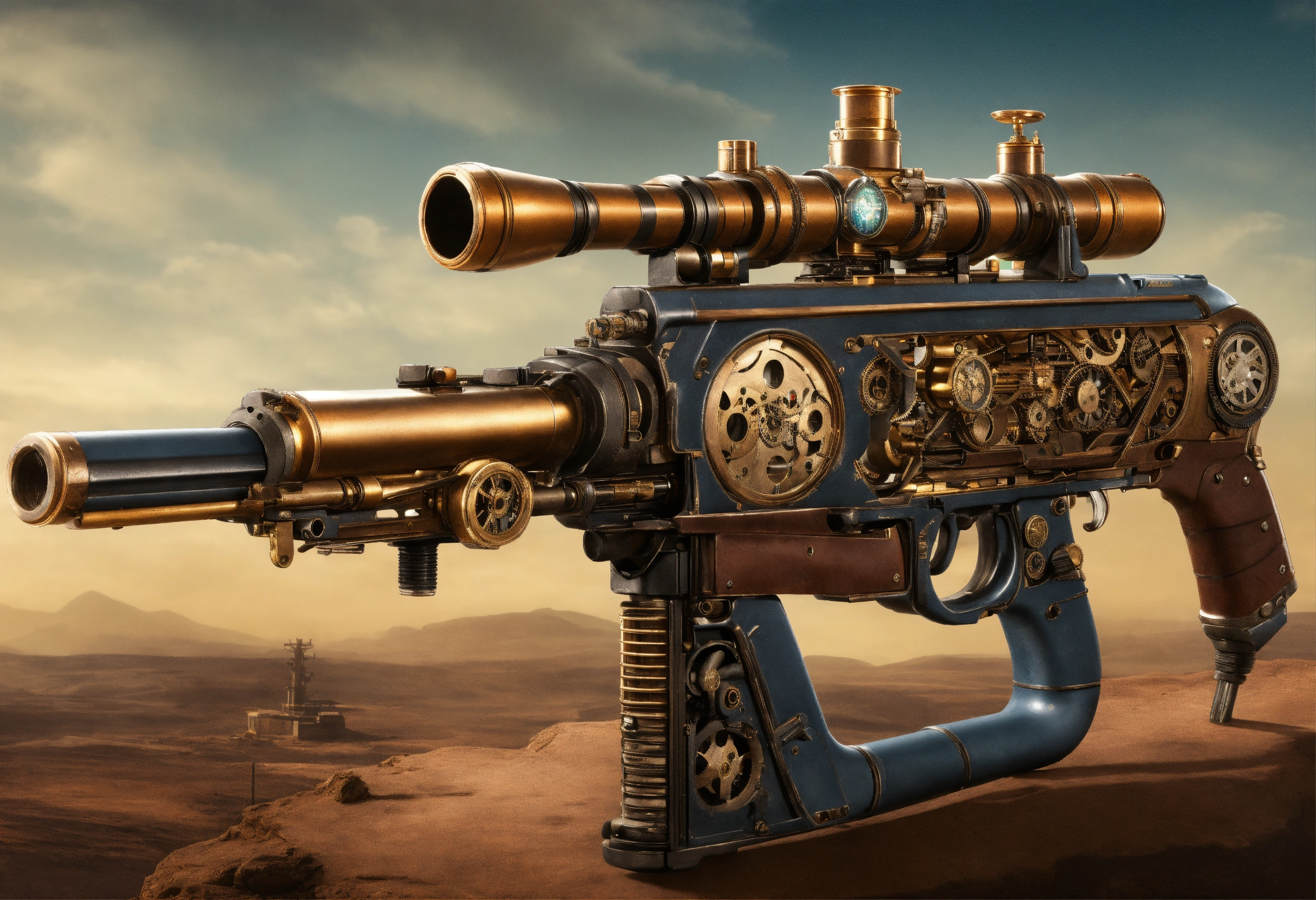 Lexica - Side view of the full image of a steampunk energy rifle