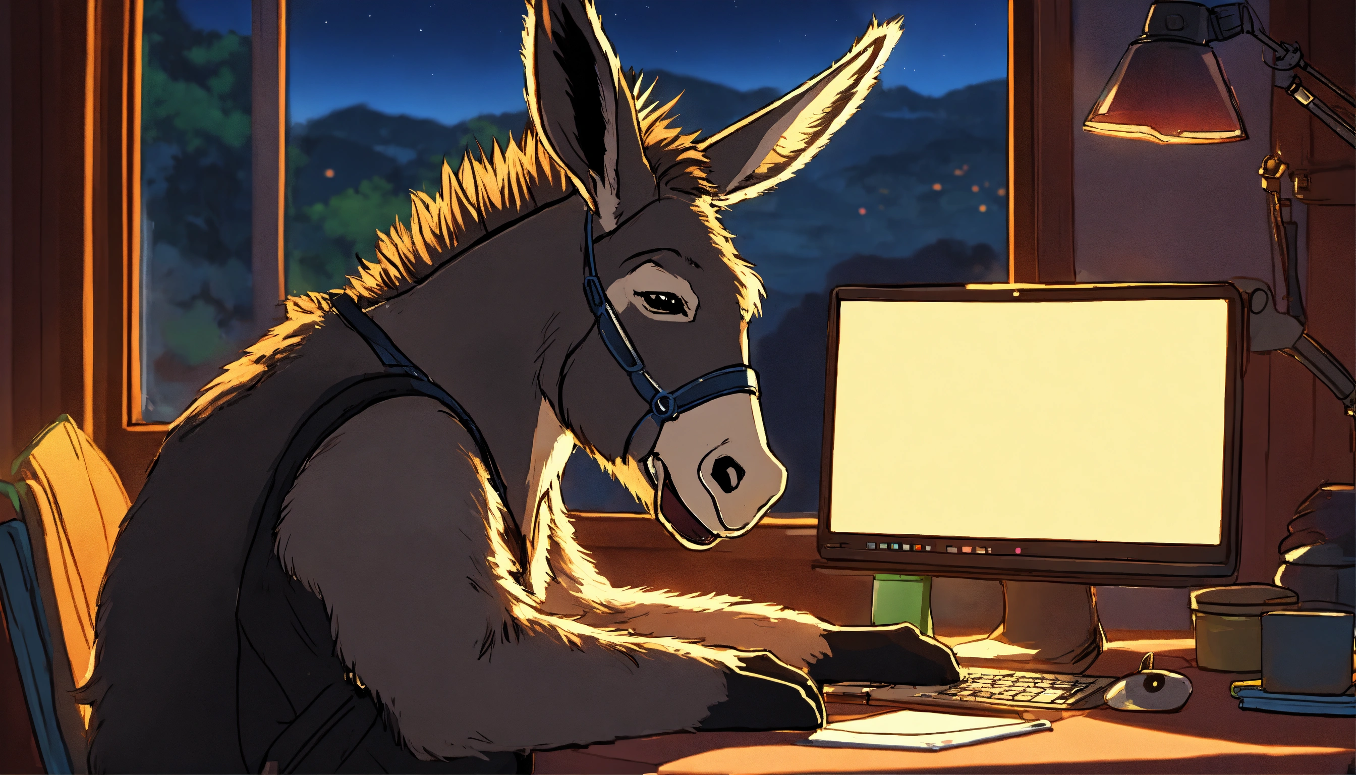Lexica - A donkey with sunglasses black, at night, sitting at a desk ...