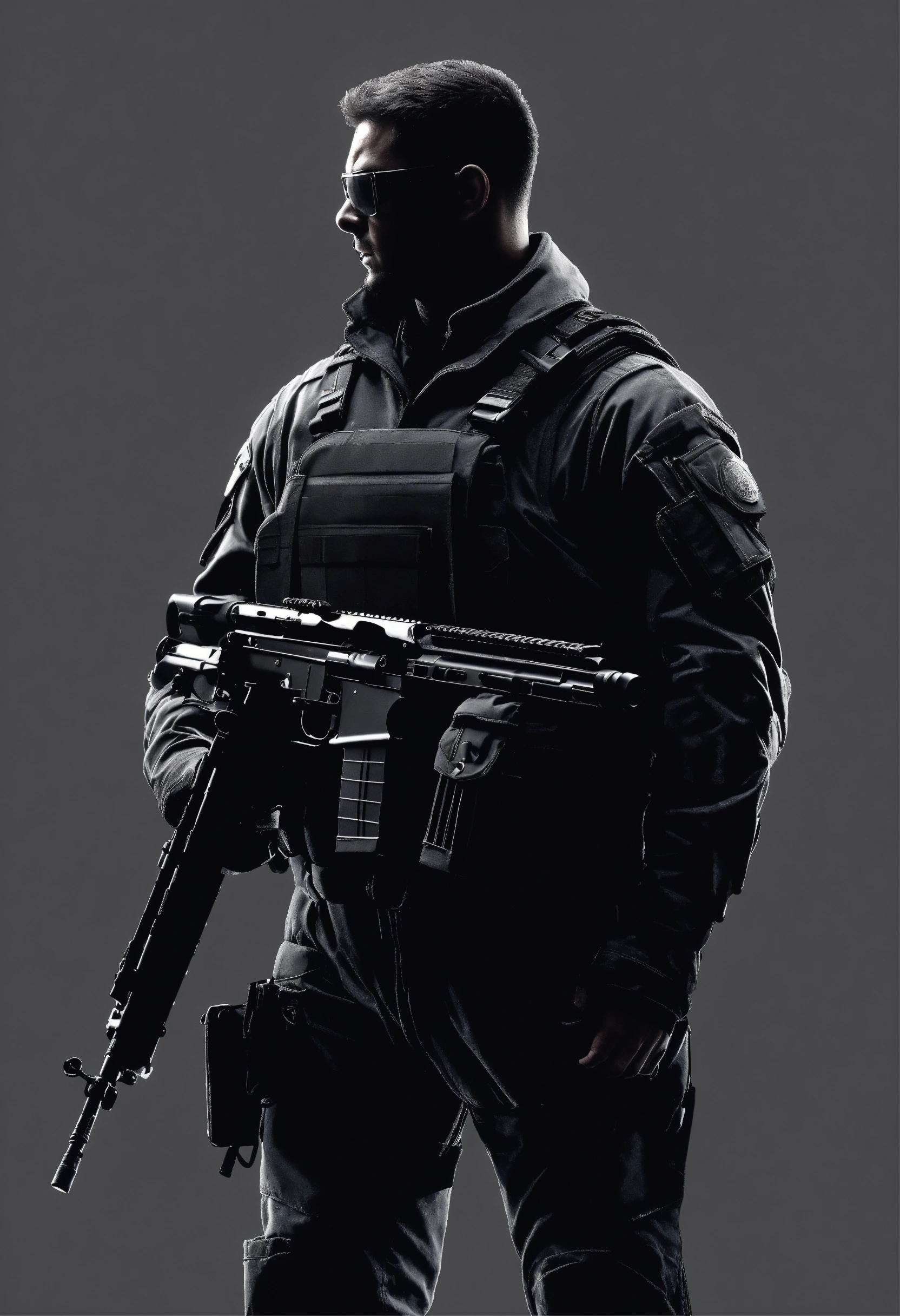 Lexica - Armed muscular security bodyguard silhouette, holding rifle ...