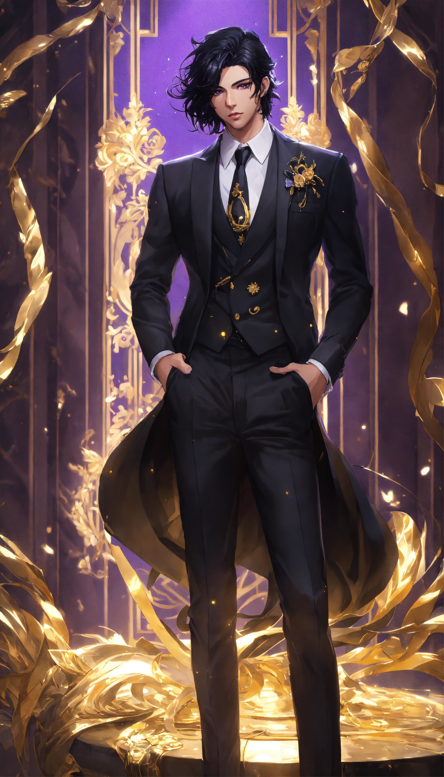 Lexica - Fullbody Portrait of a man in a black suit, gold adornments ...