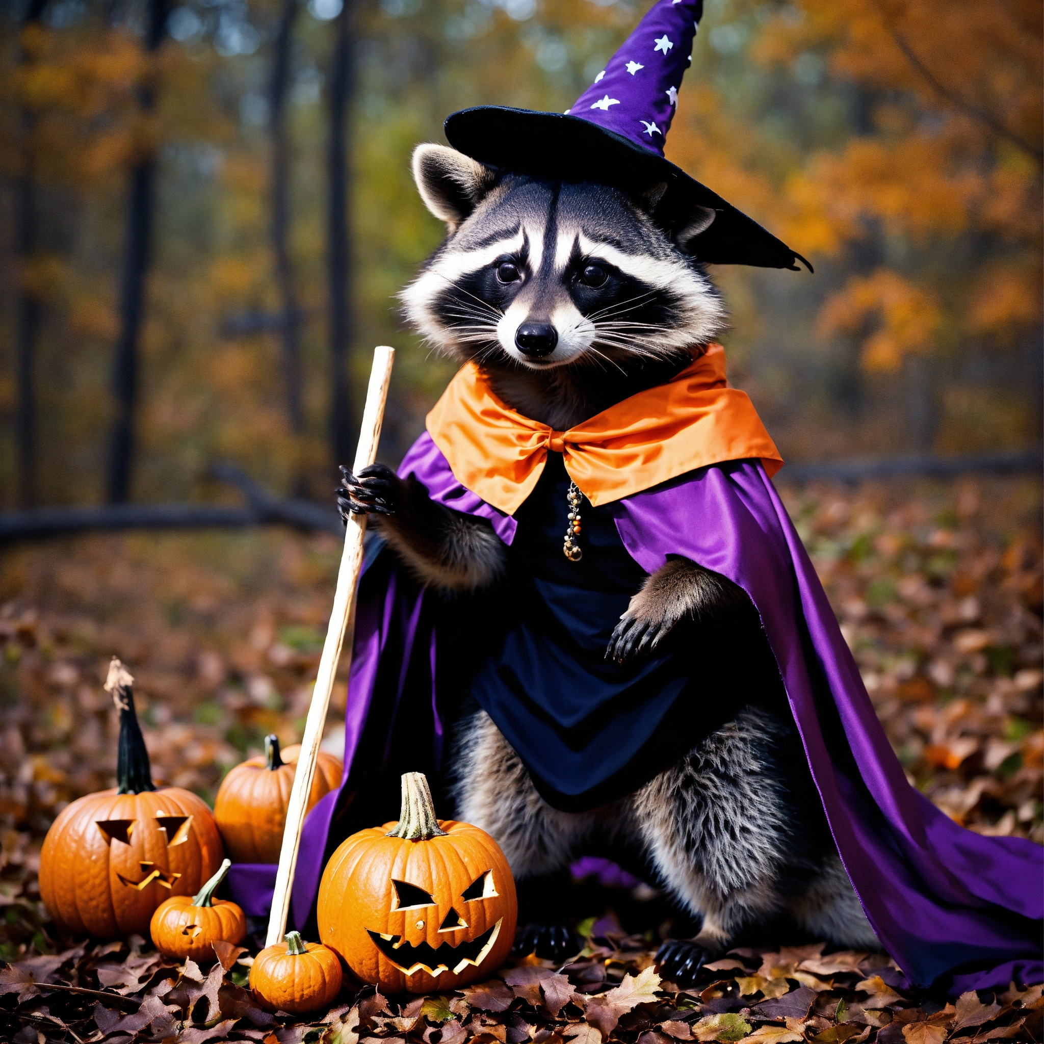 Lexica - A photograph of a raccoon celebrating Halloween in a witch ...