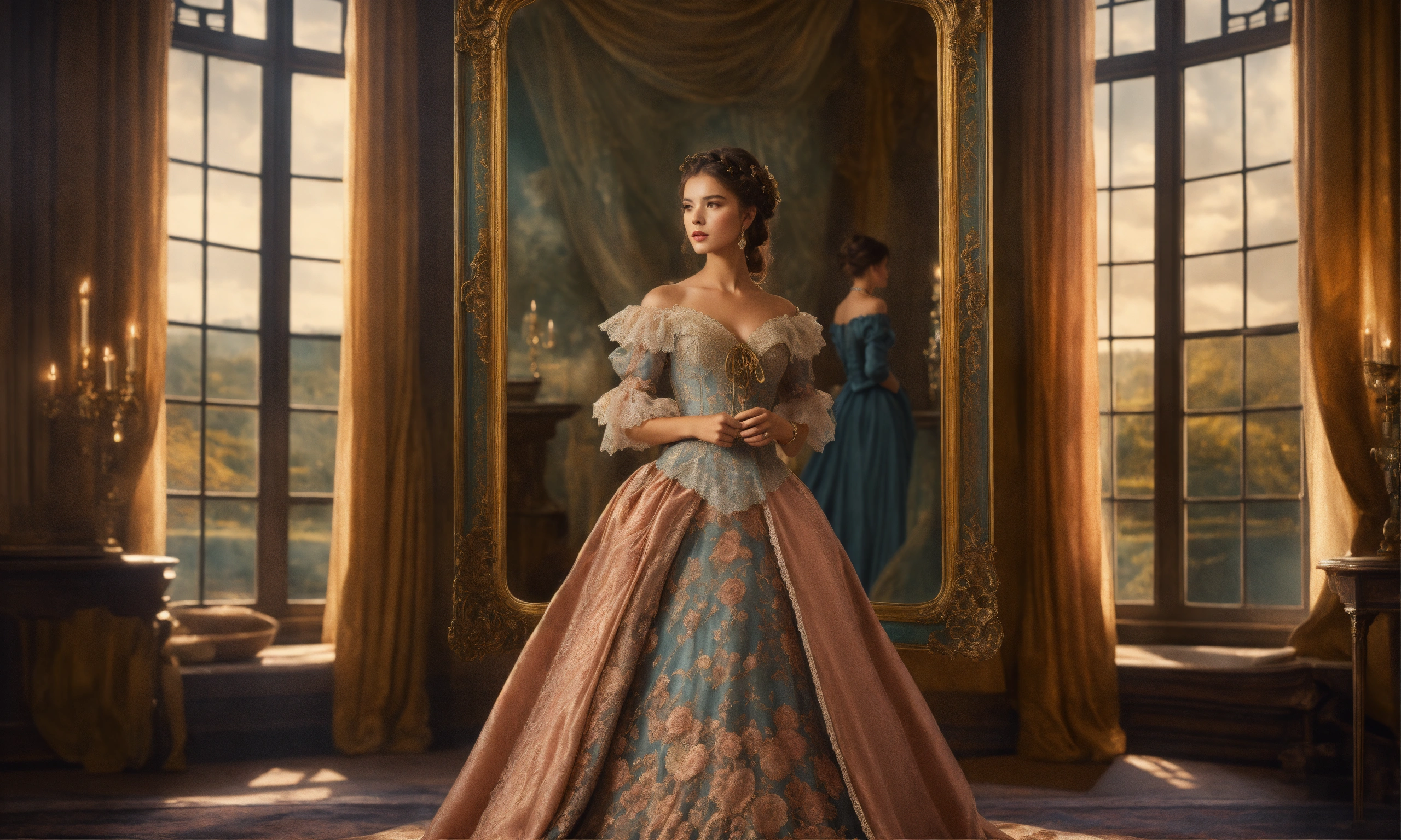 Lexica - Young Beautiful Lady stands before a vintage, ornate mirror ...