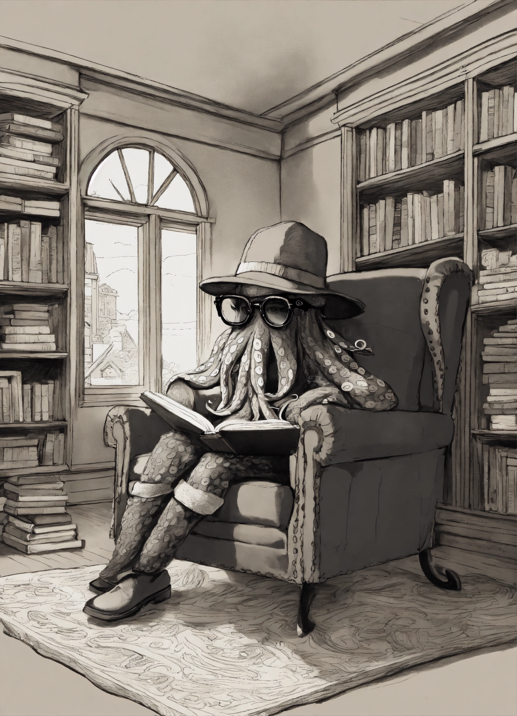 Lexica - Ink drawing of an octopus wearing hipster glasses reading and ...