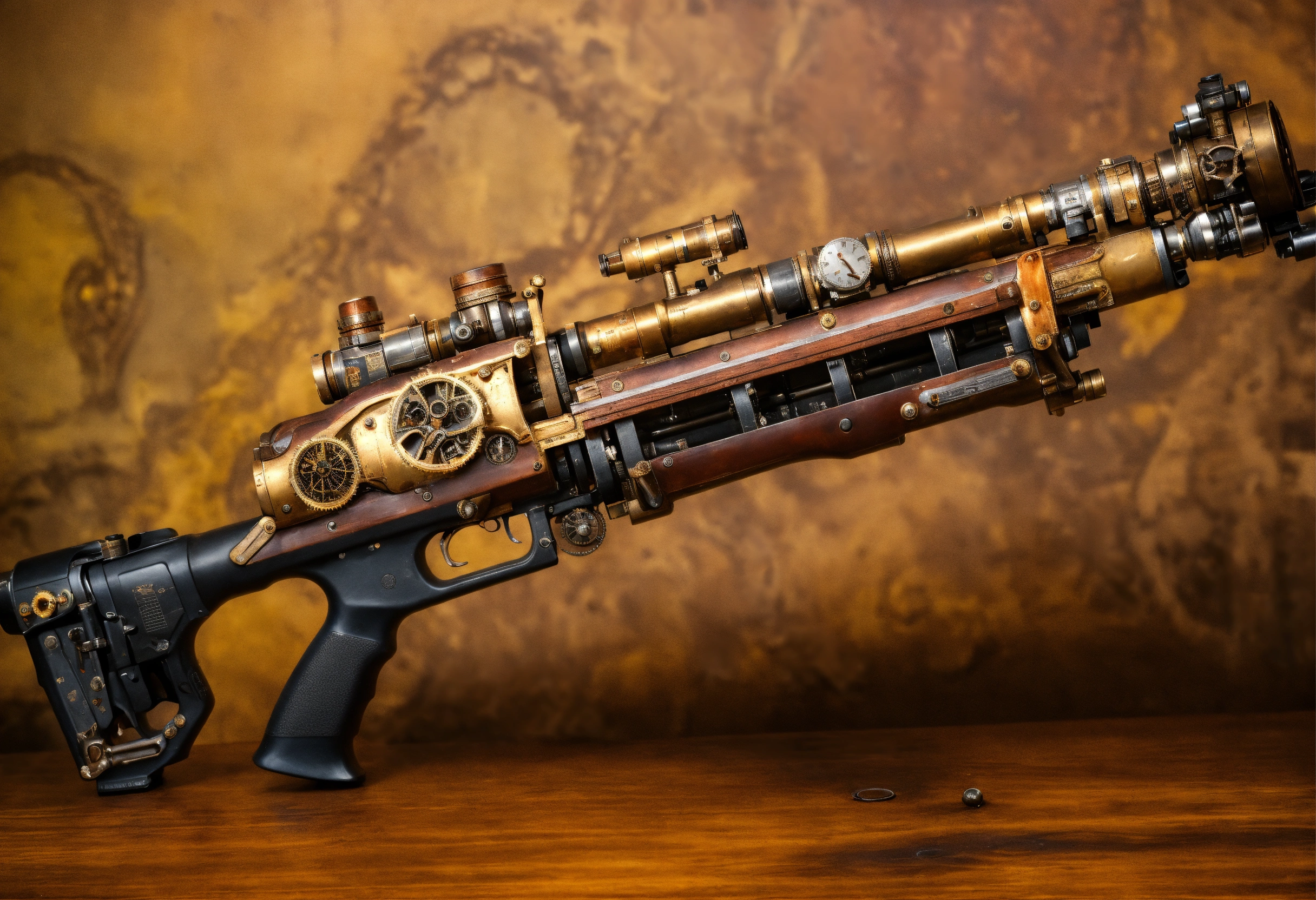 Lexica - Side view of the full image of a steampunk energy rifle