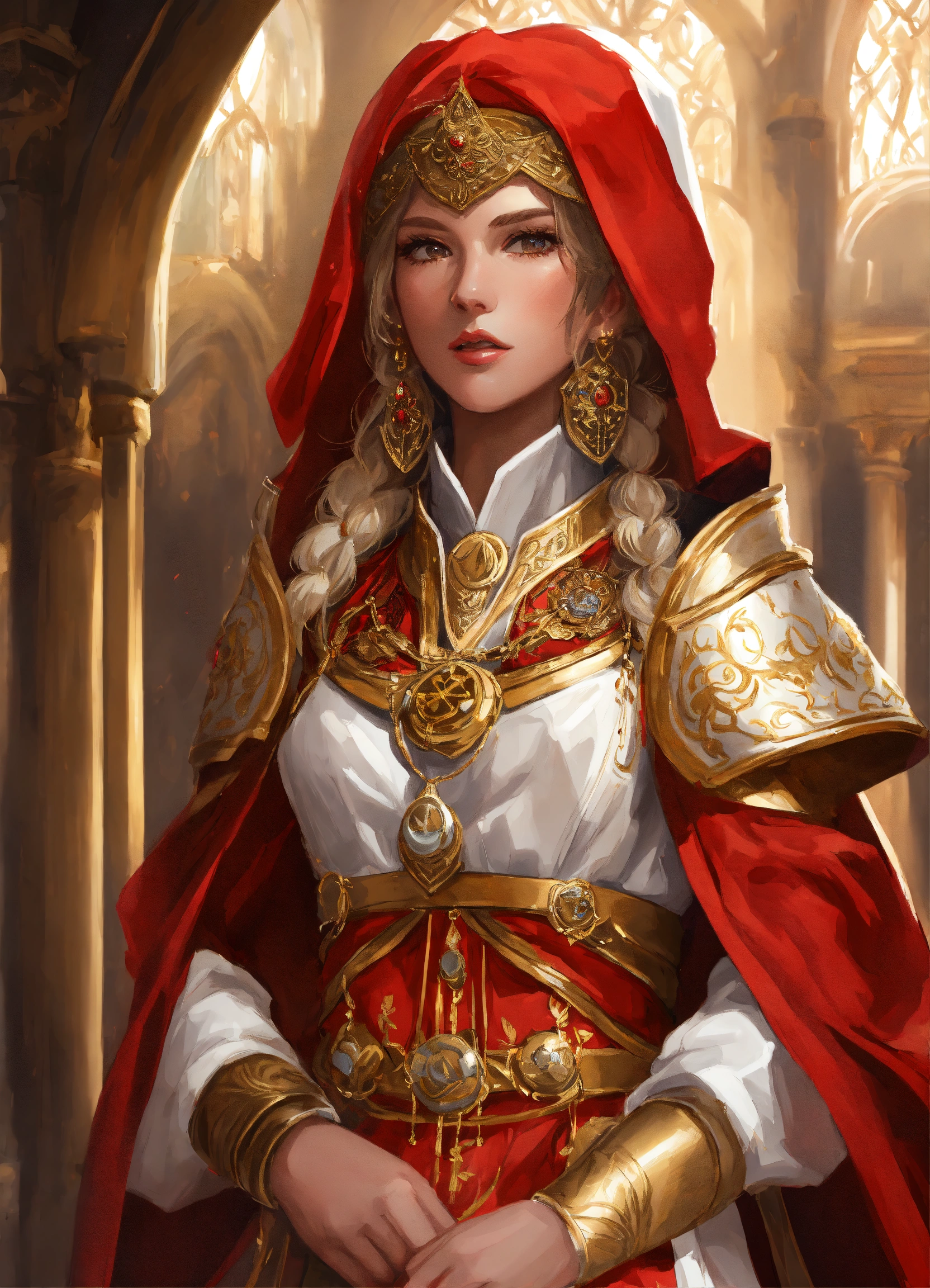 Lexica - Praios female cleric, red and white clothes, gold details ...