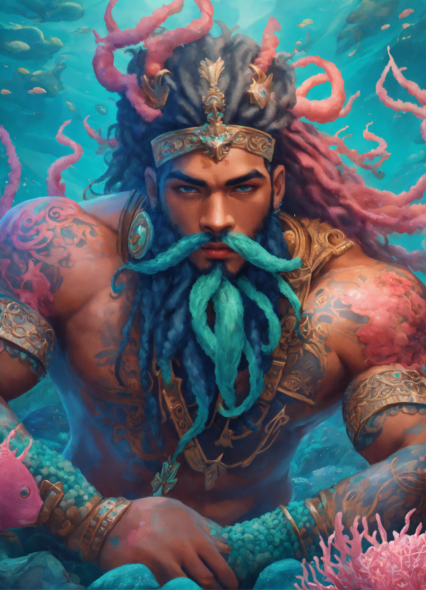 Lexica - A buff muscular Merman scales Blue skintone with pink coral ...