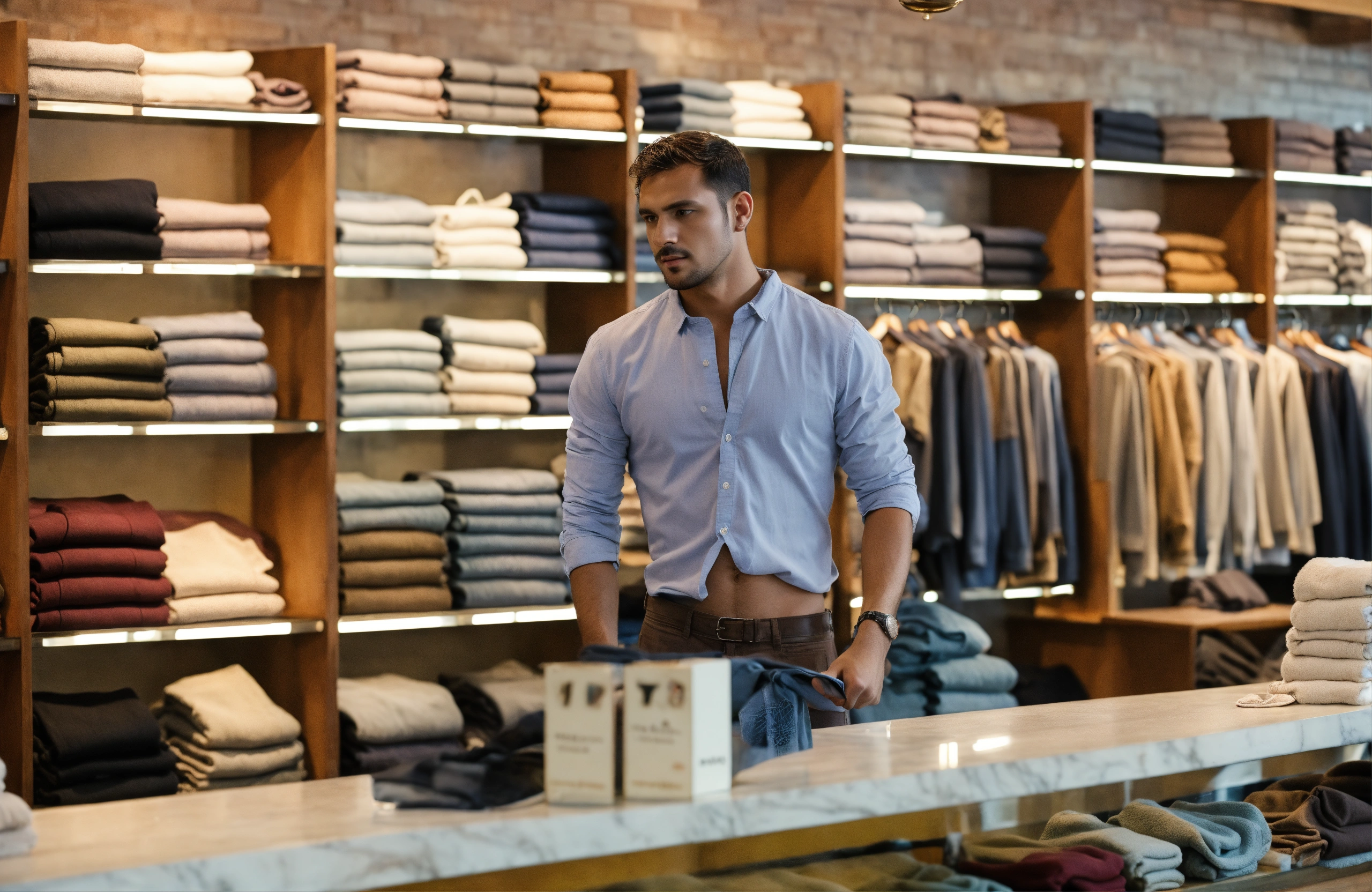Lexica - Man standing in cloth store front view