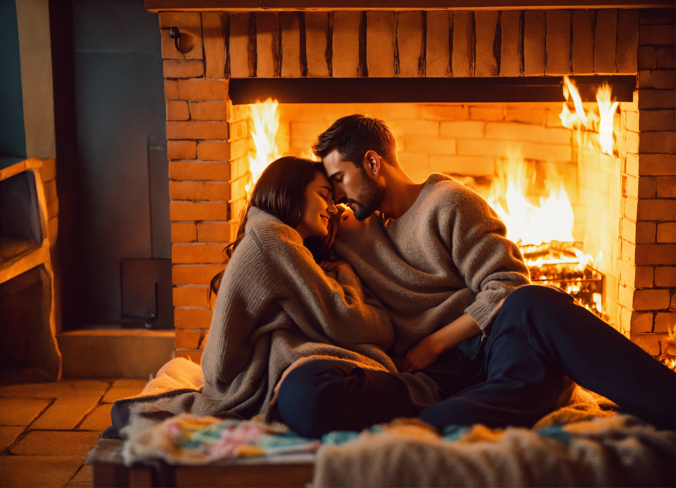 Lexica - Man a woman cuddling by the fireplace