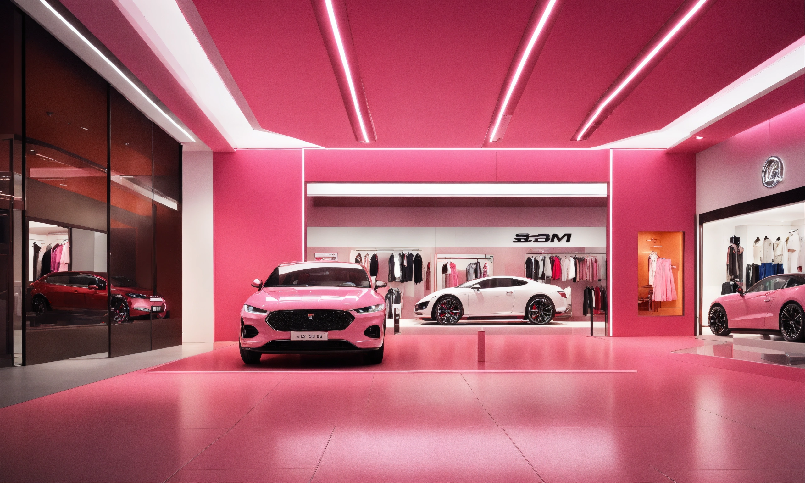Lexica - Indoor, inside mall, small store, car rental store, pink car ...