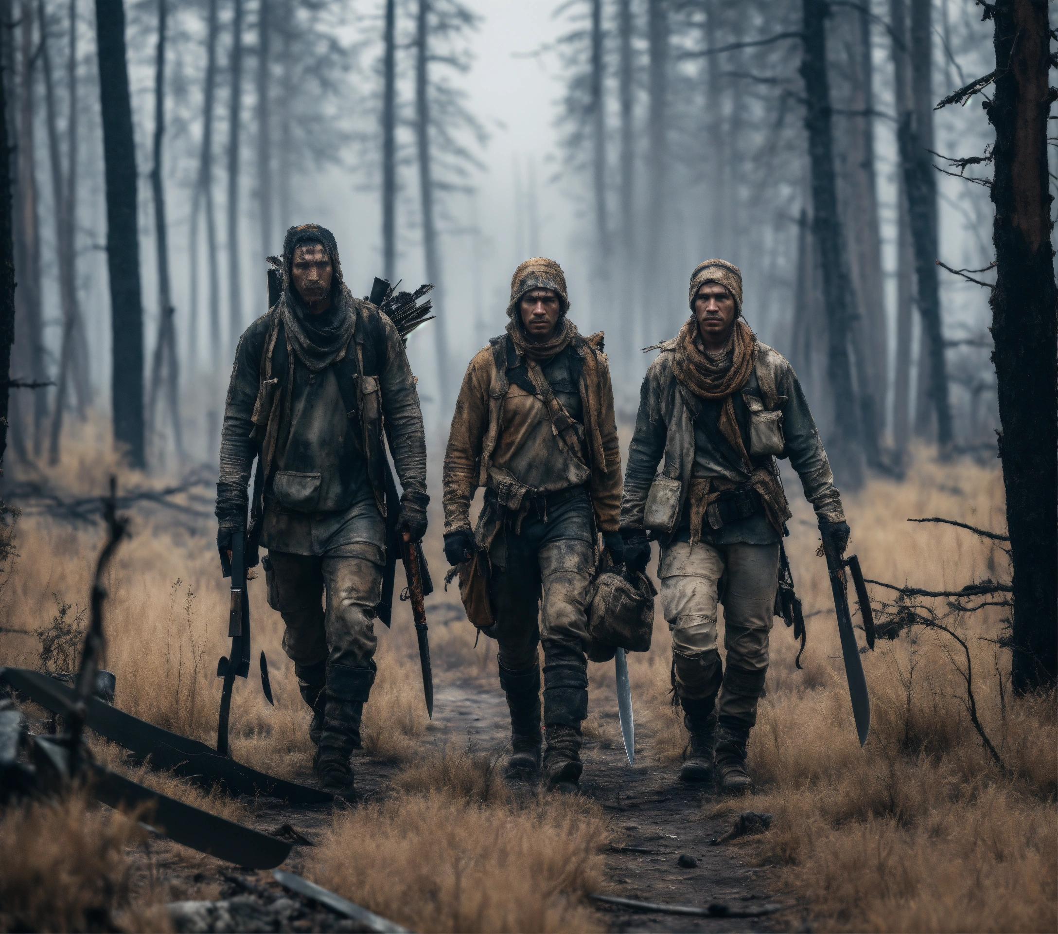 Lexica - A realistic photo of three different survivors dressed in ...