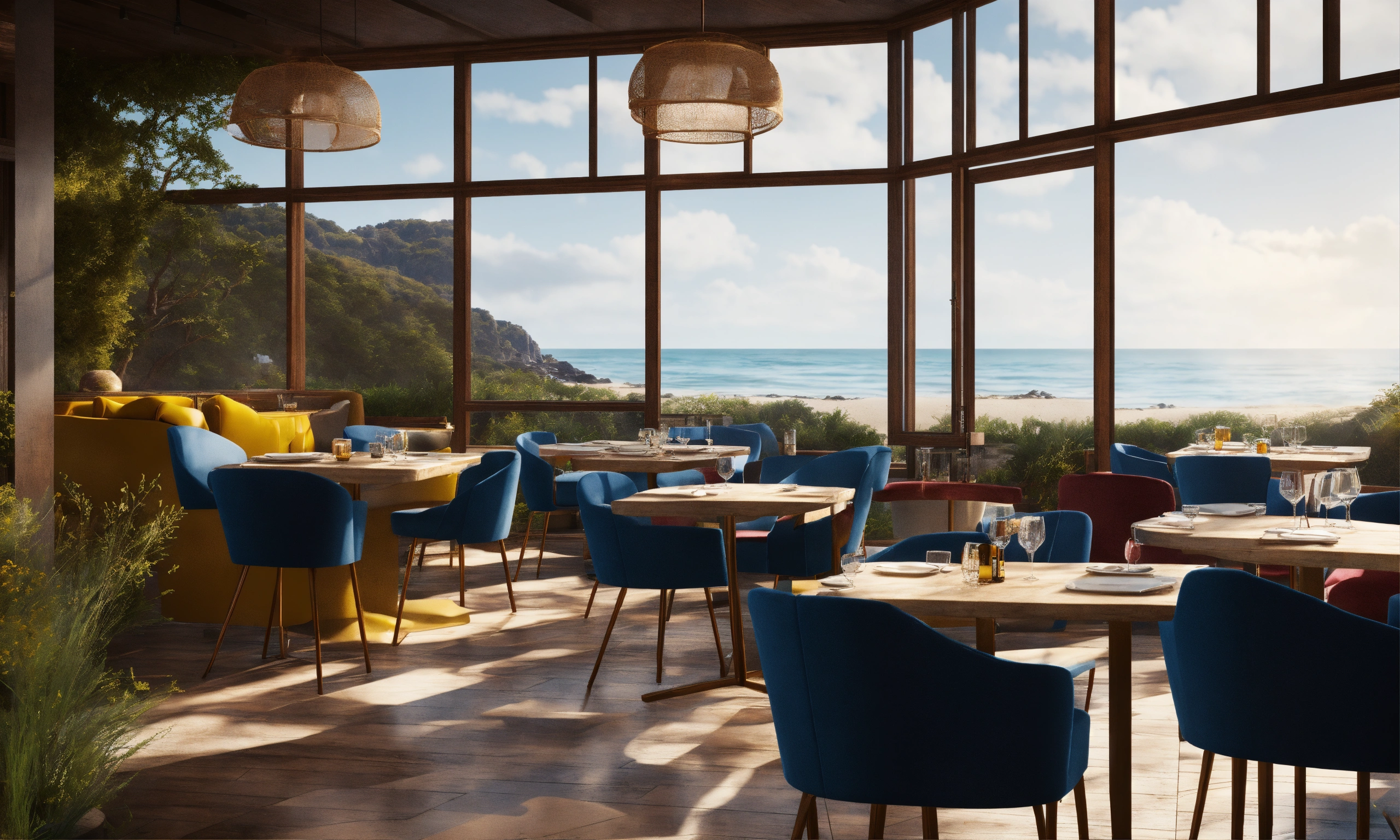 Lexica - A beachside bistro with blue chairs in large windows, in the ...