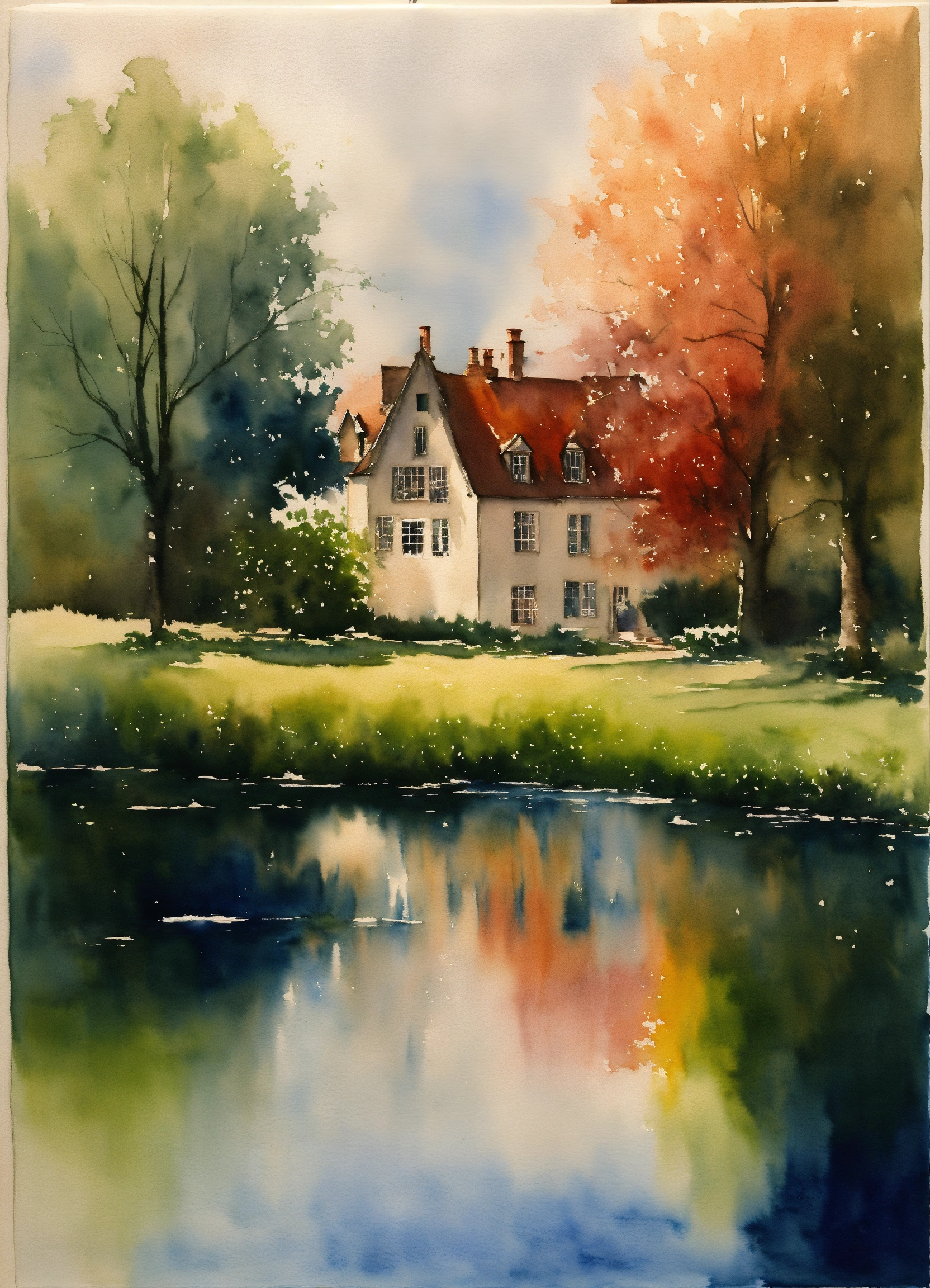 Lexica - Wet on wet watercolor; manor beside still waters