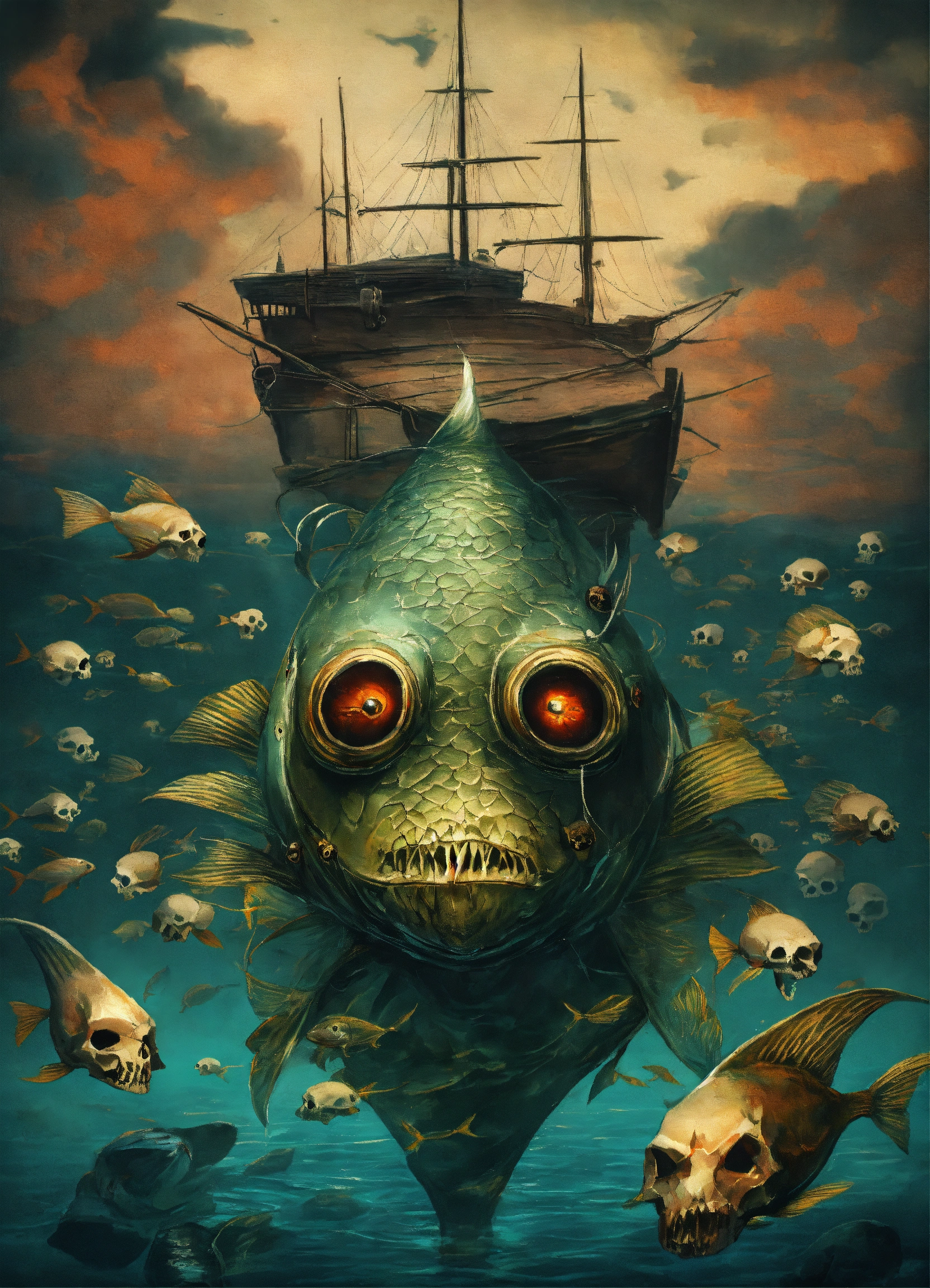 Lexica - Sinister fish in water with skulls