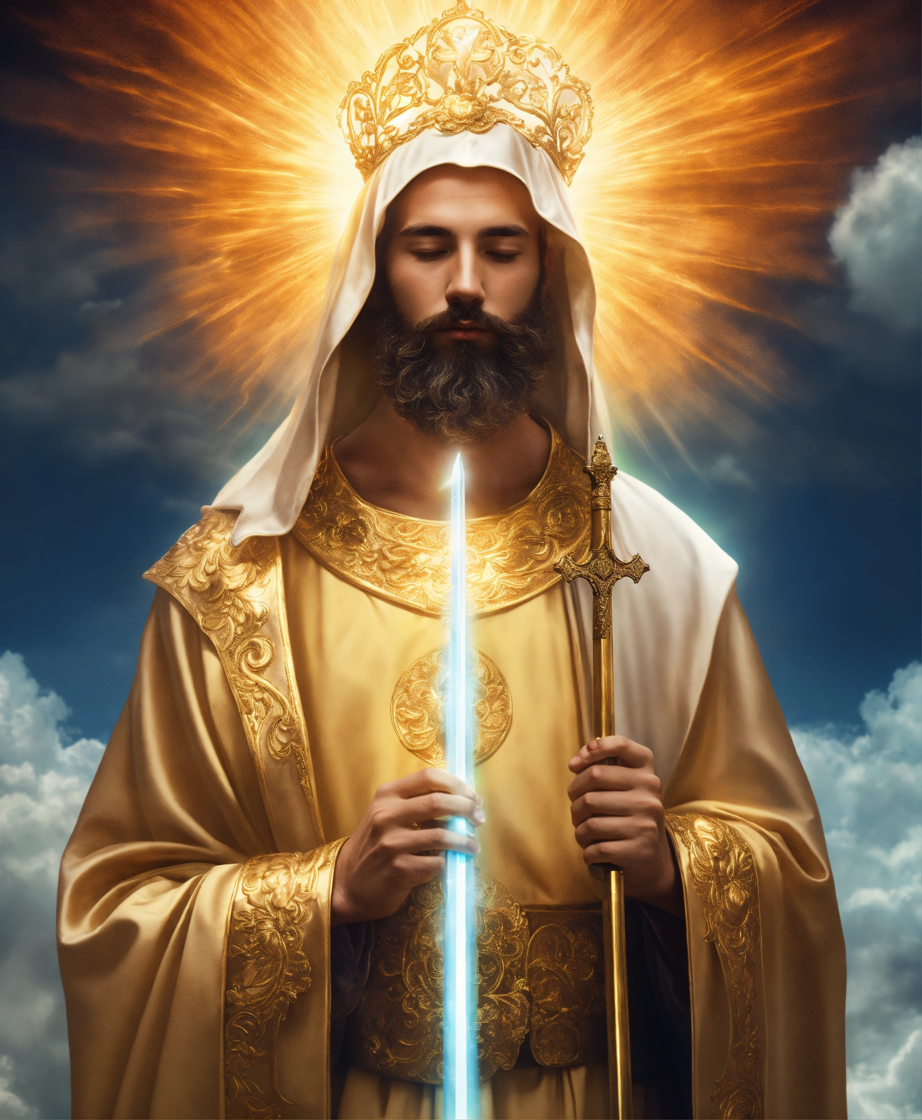Lexica - Holy robed saint with a glowing aura and a divine sword. Cloud ...