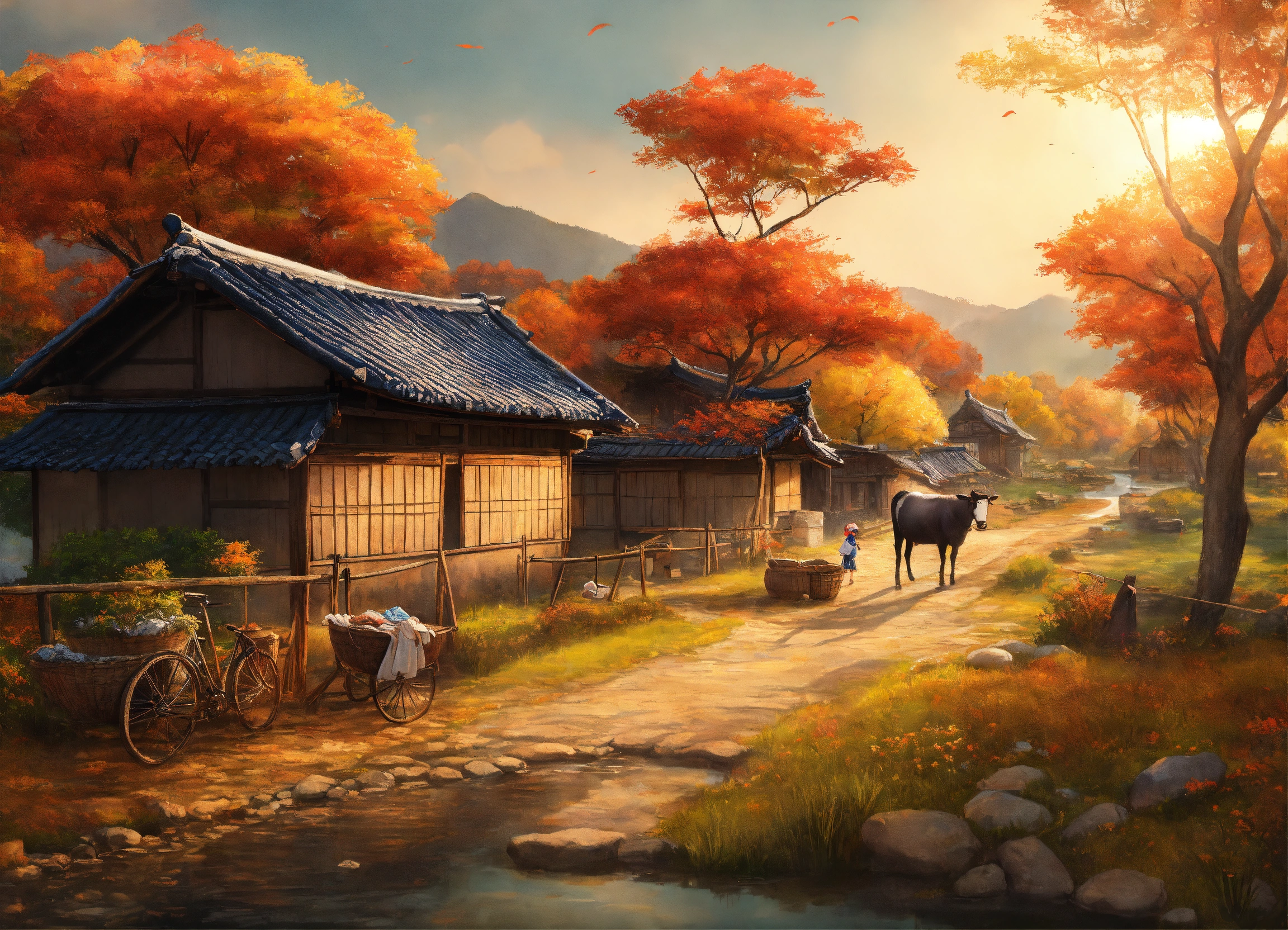 Lexica - Autumn rural scenery in Korea. There is a thatched house with ...