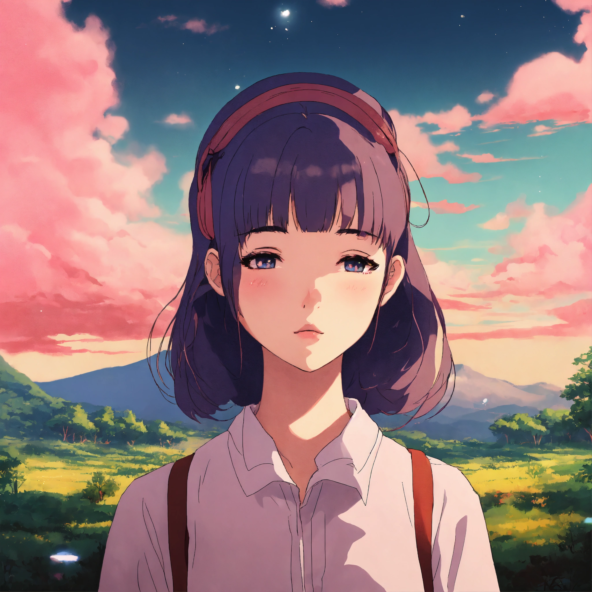 Lexica - A anime girl eyes closed,in a lofi landscape, in the style of 2d  anime