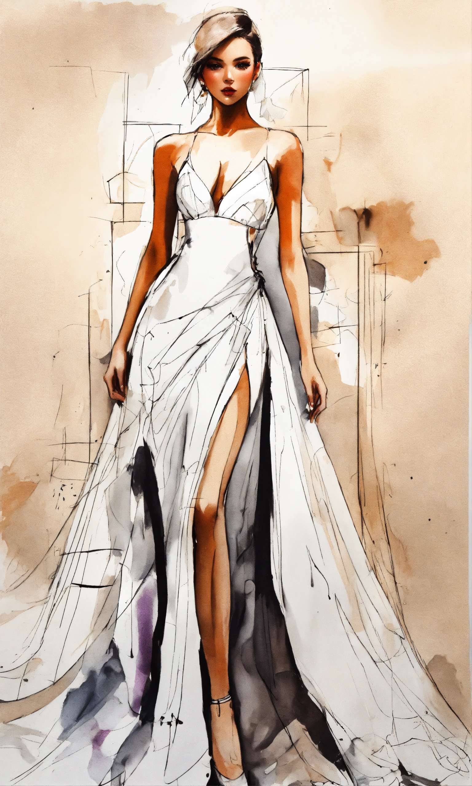 Lexica - Model, modern abstract, inked sketches, wearing bridal gown.