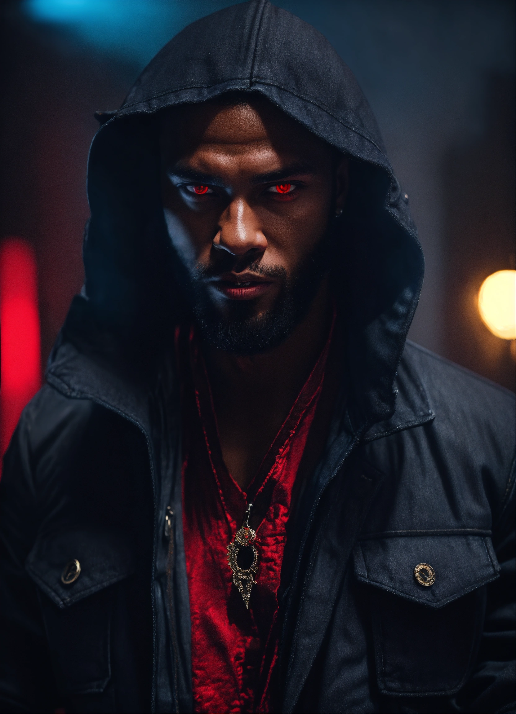 Lexica - Handsome black male vampire, glowing red eyes, beard, jeans ...