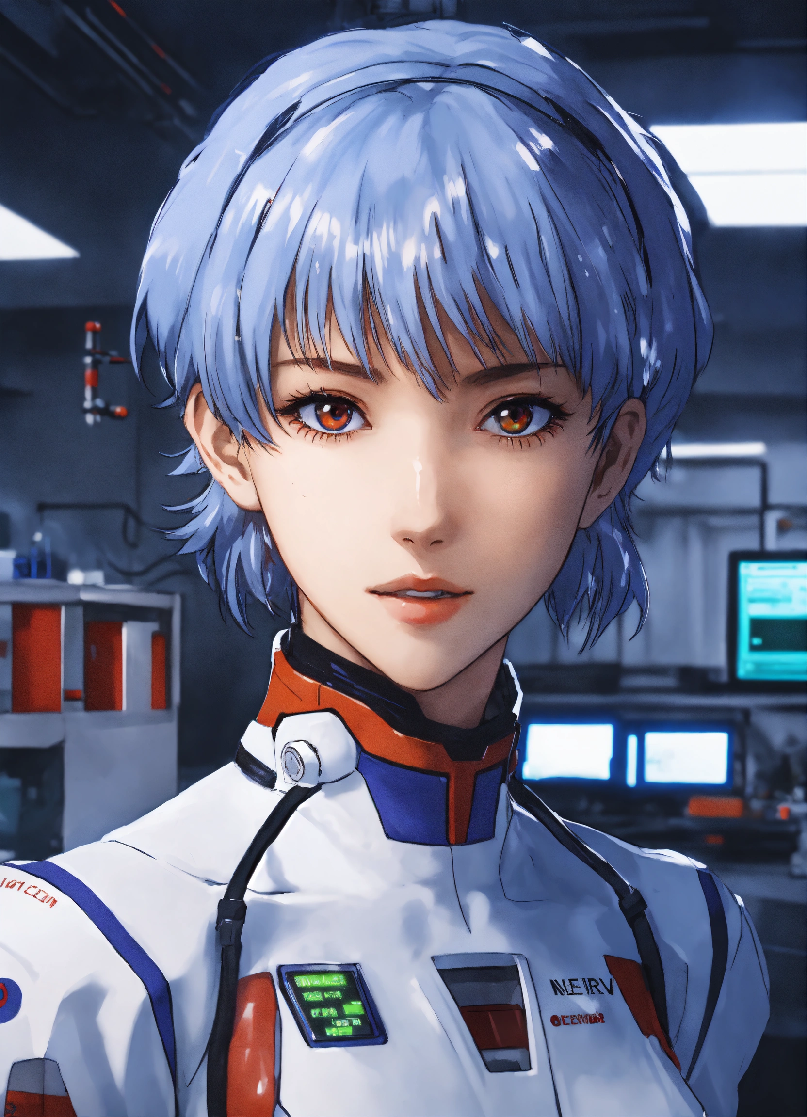 Lexica - Portrait of Rei Ayanami from Neon Genesis Evangelion, inside the  NERV lab with lots of scientists, detailed scene, stunning details, anime,  ...