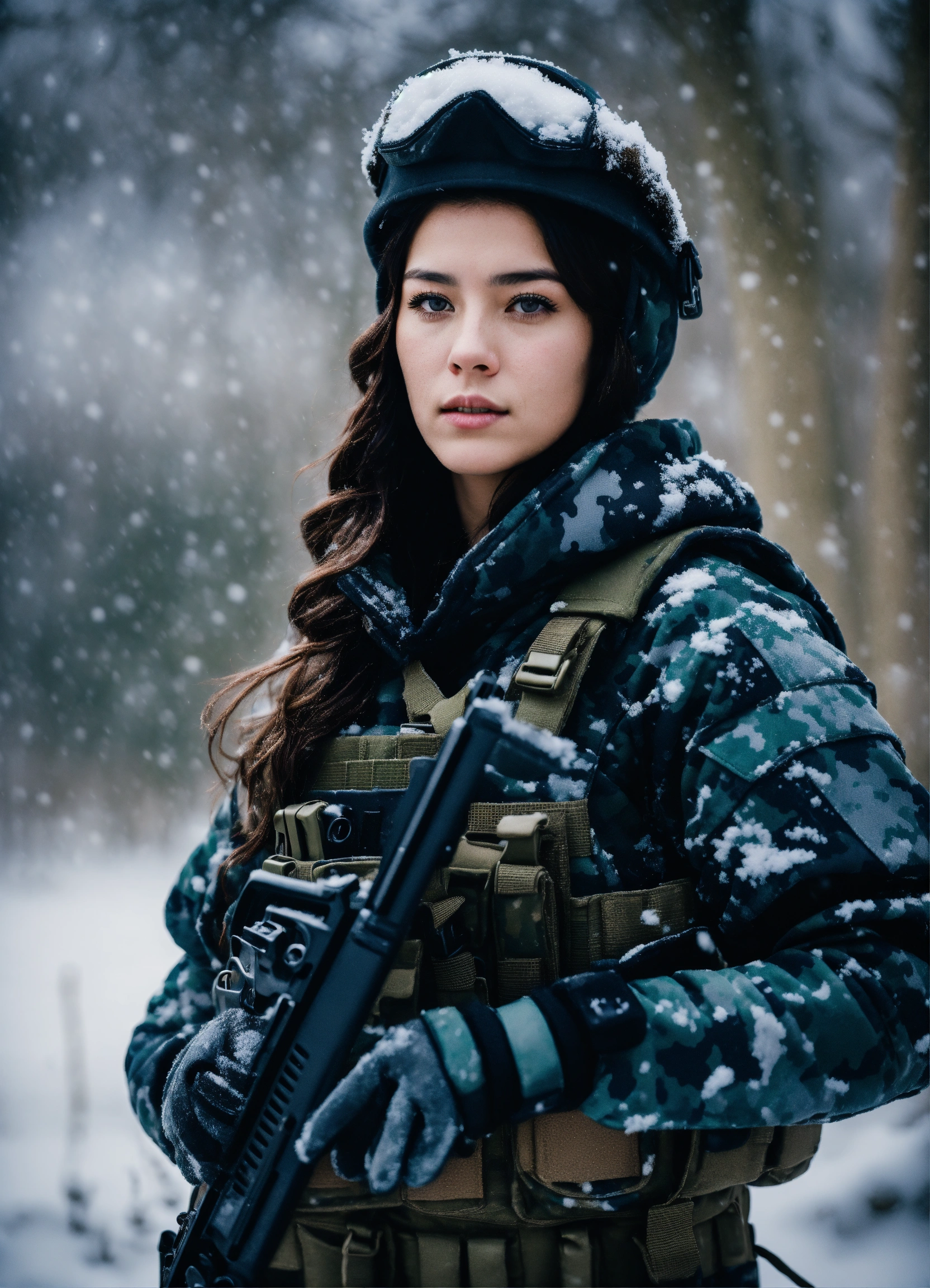 Lexica - A beautiful brunette soldier girl, wearing winter camo