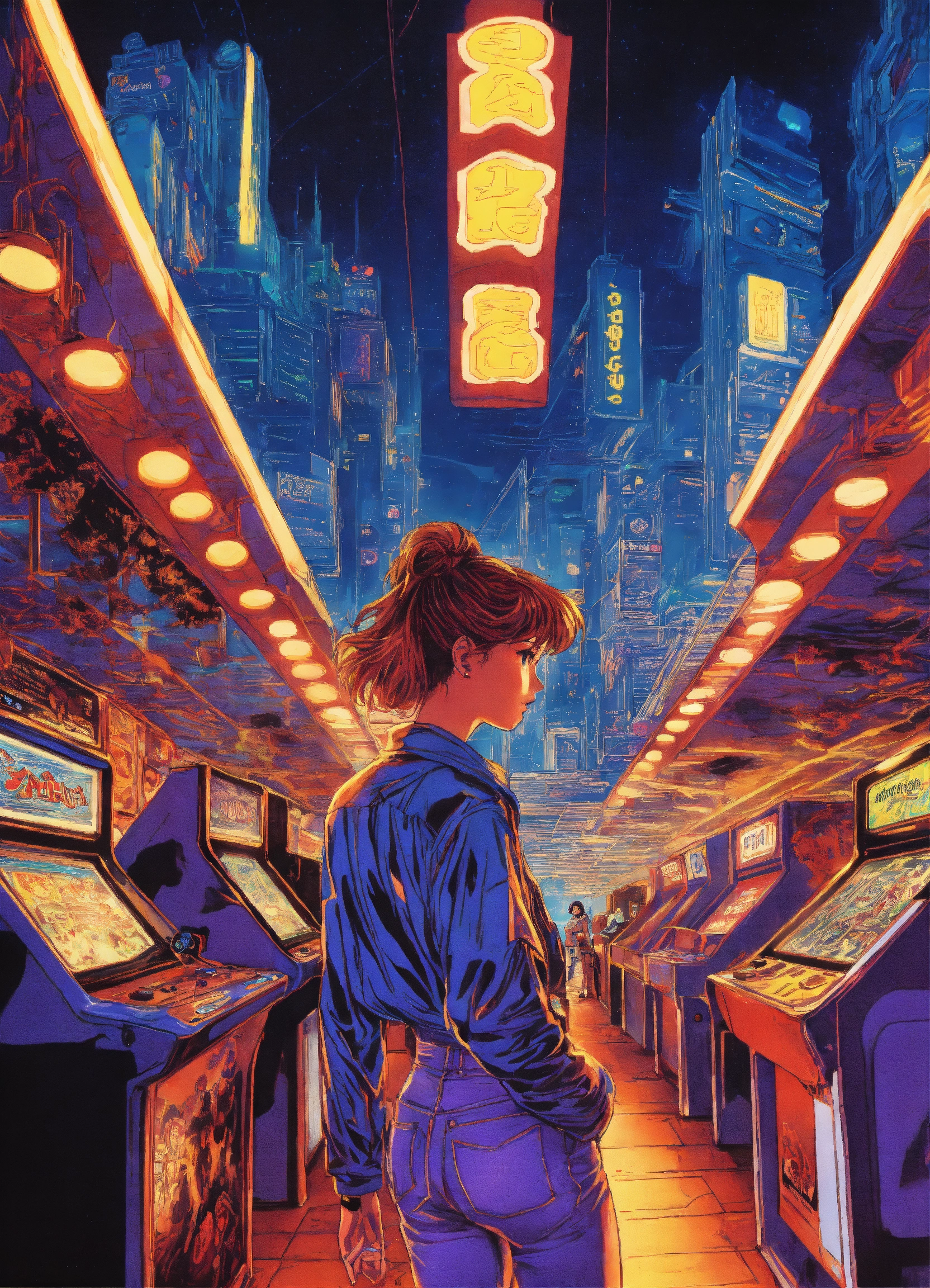 Lexica - Vintage 90's anime style, chaotic arcade at night, a woman ...