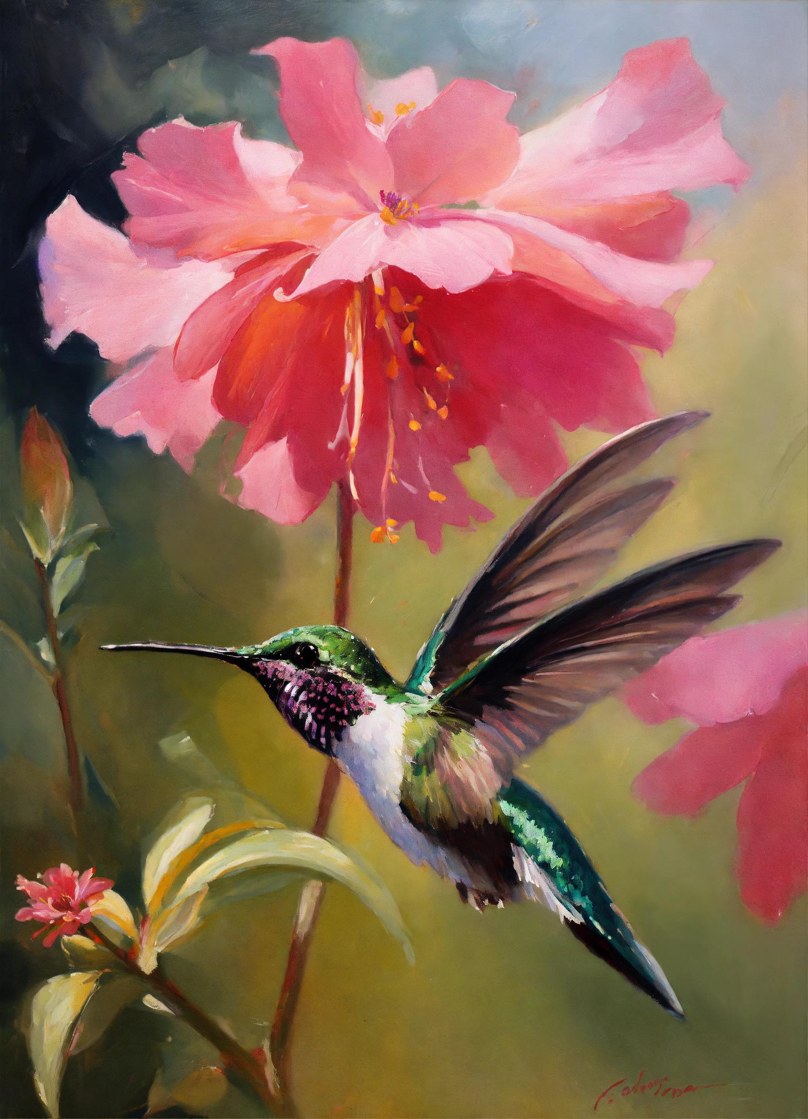 Lexica - Oil painting of a hummingbird flying on a pink flower, in the ...