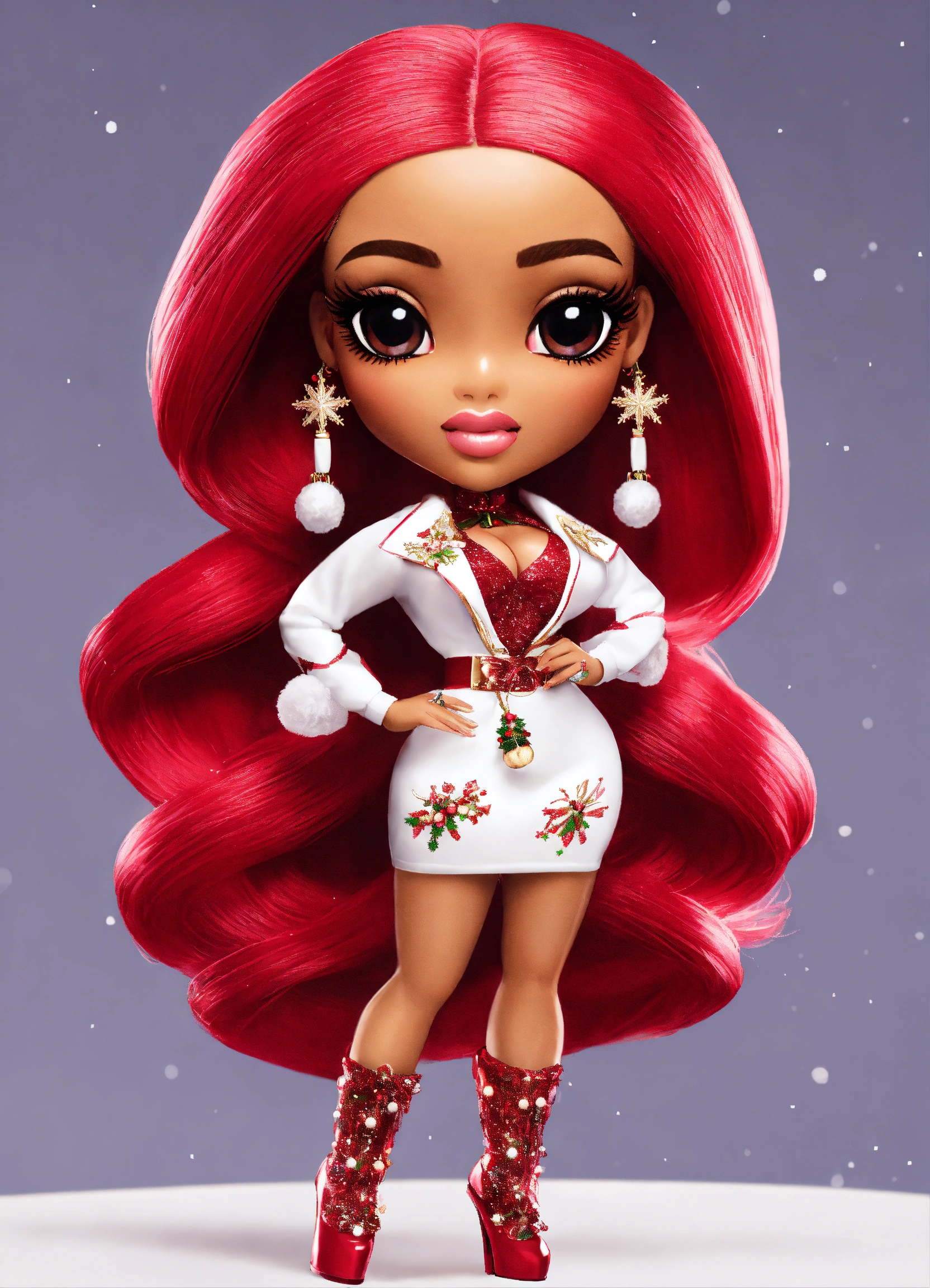 Lexica Chibi cartoon image of a very beautiful Cardi B as a barbie doll wearing a Christmas out fit clear transparent plain white background