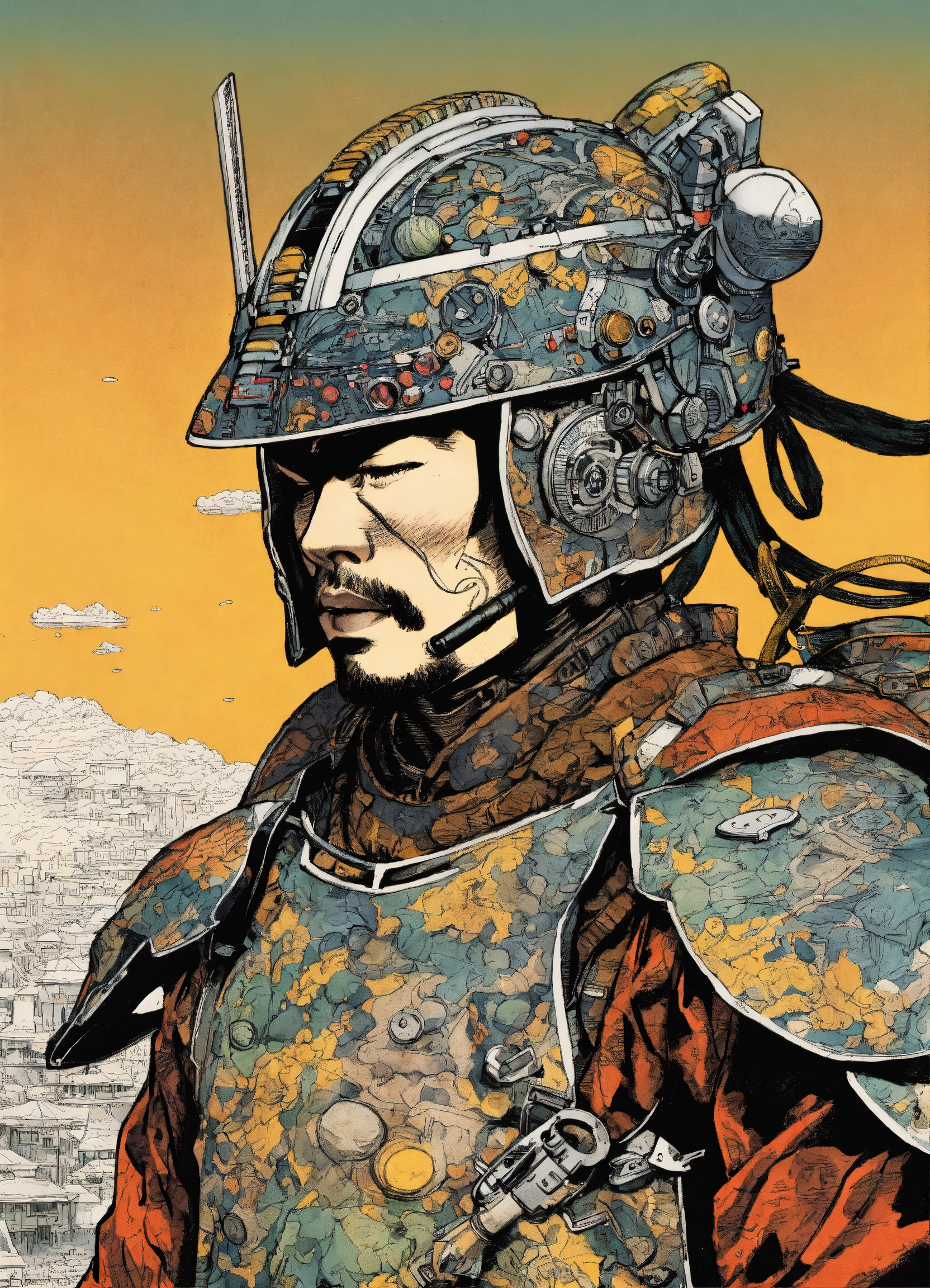 Lexica - Detailed pen and ink illustration of a samurai cyborg, head ...