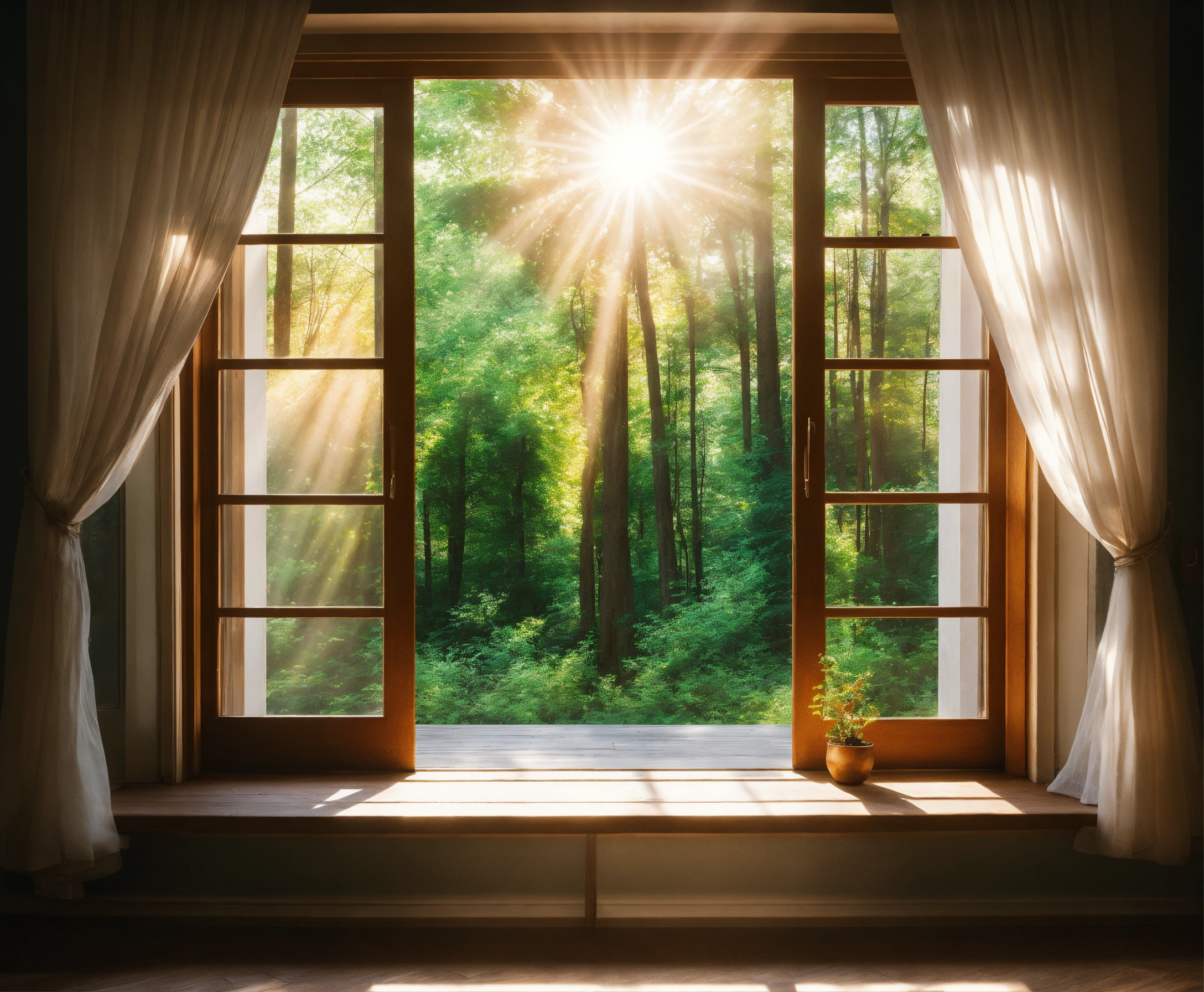 Lexica - A picture of a window with a forest view and sunlight shining ...